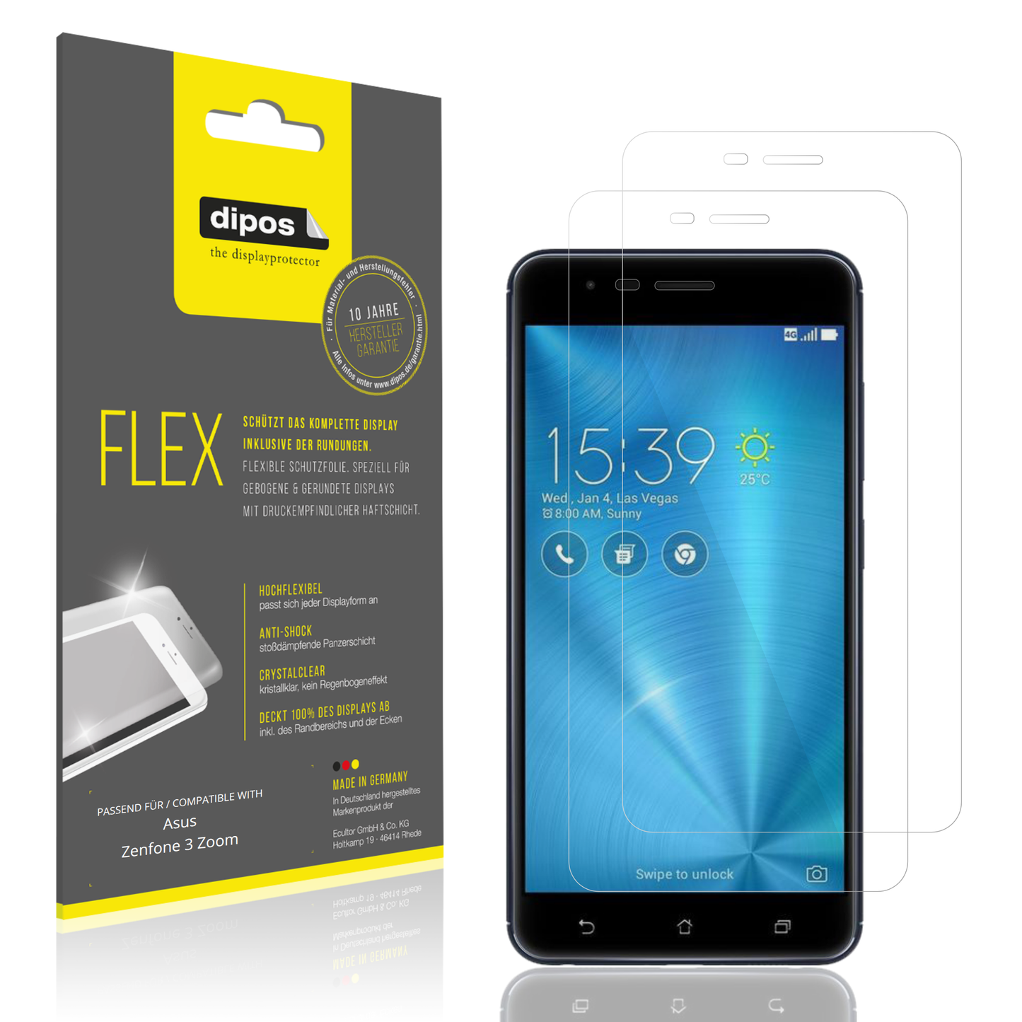 Klare Displayschutzfolie von dipos passend für Asus ZenFone 3 Zoom, 100% Displayabdeckung und blasenfreie Montage