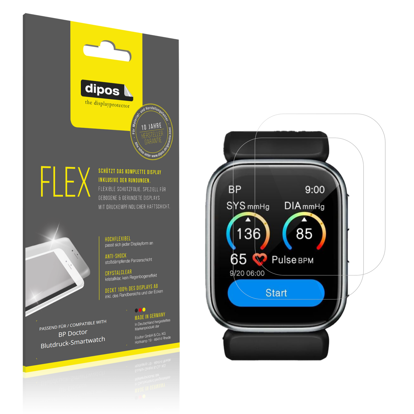 Klare Displayschutzfolie von dipos passend für BP Doctor Blutdruck-Smartwatch, 100% Displayabdeckung und blasenfreie Montage