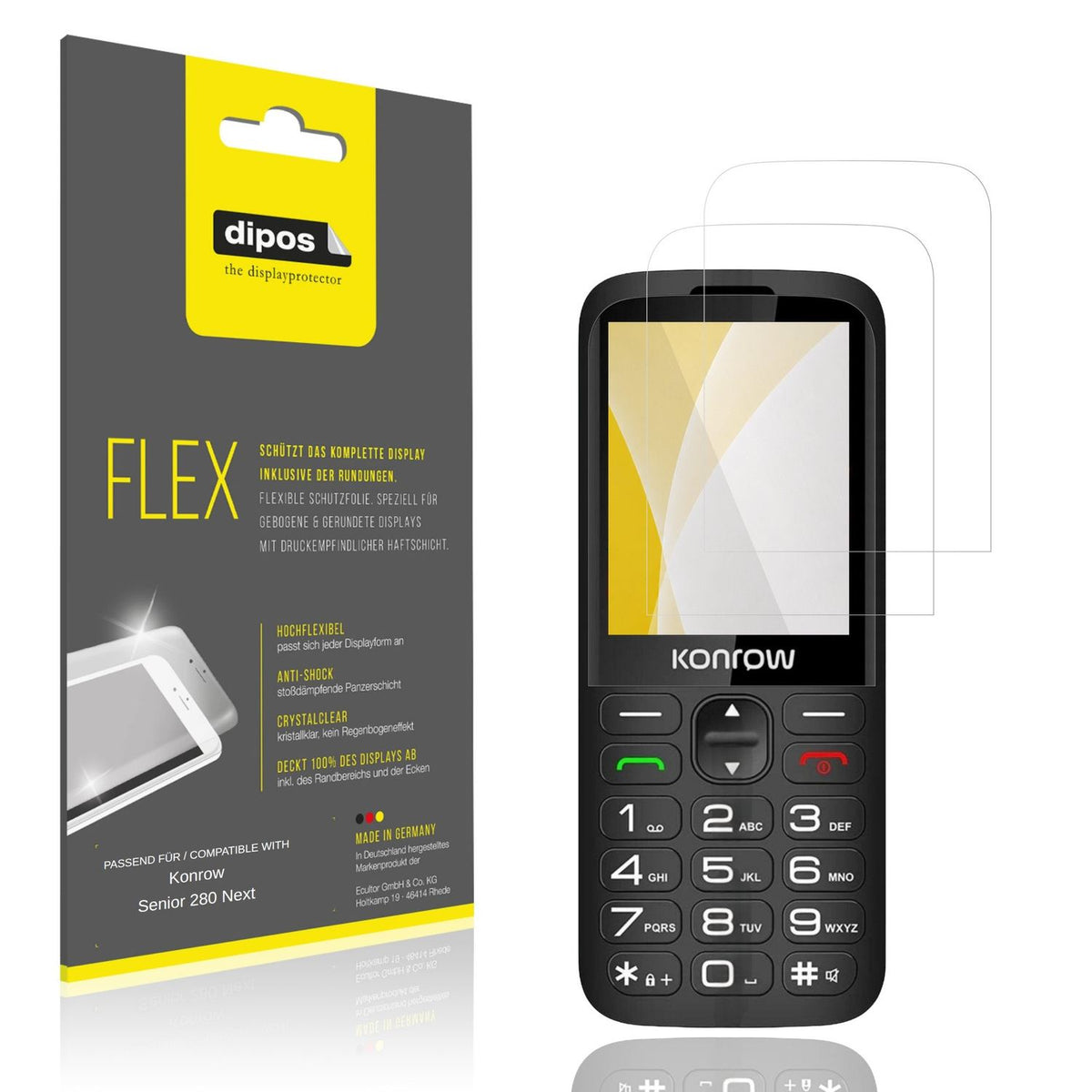 Klare Displayschutzfolie von dipos passend für Konrow Senior 280 Next, 100% Displayabdeckung und blasenfreie Montage
