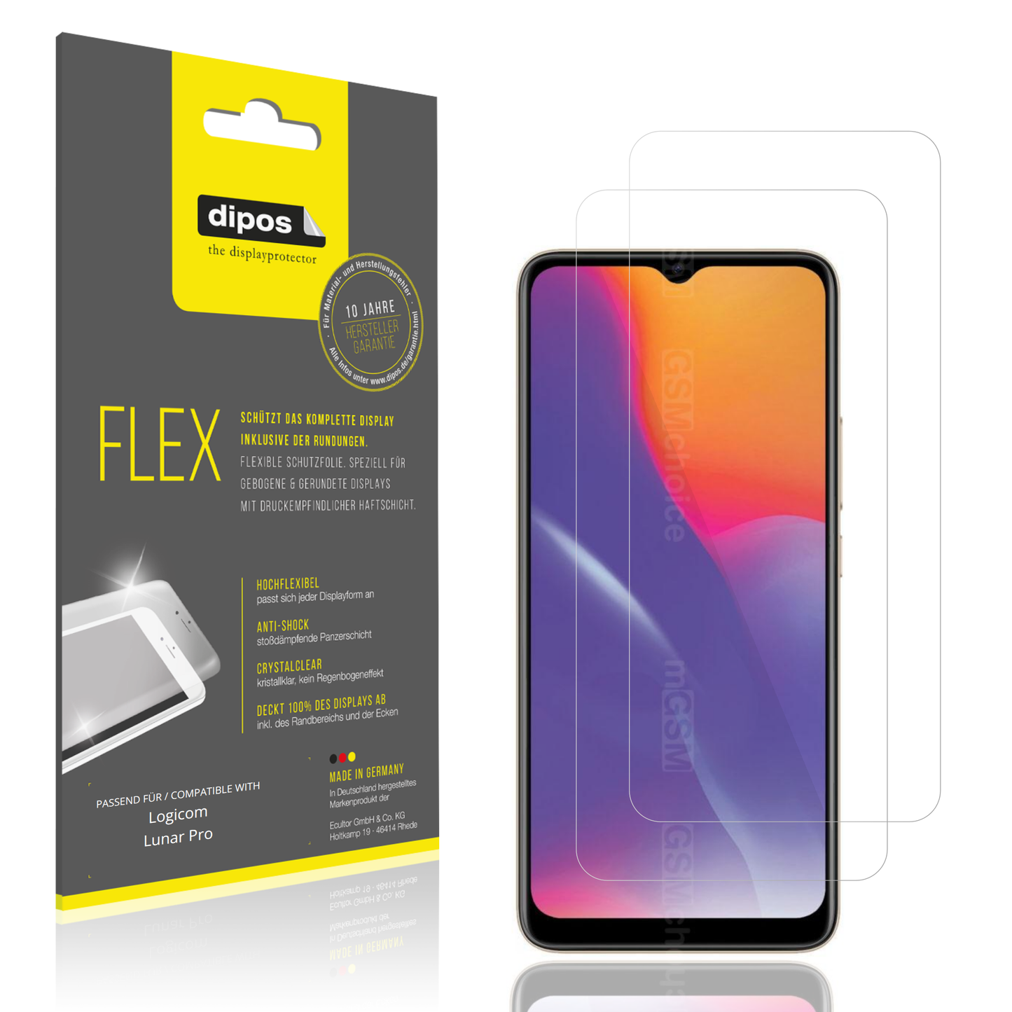 Klare Displayschutzfolie von dipos passend für Logicom Lunar Pro, 100% Displayabdeckung und blasenfreie Montage
