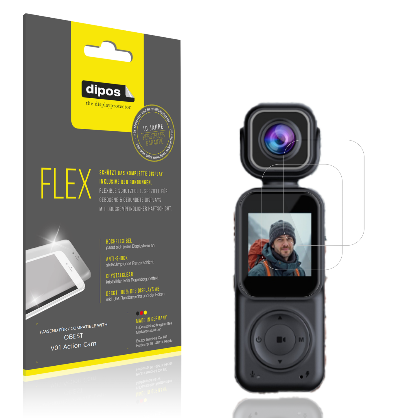 Klare Displayschutzfolie von dipos passend für OBEST V01 Action Cam, 100% Displayabdeckung und blasenfreie Montage