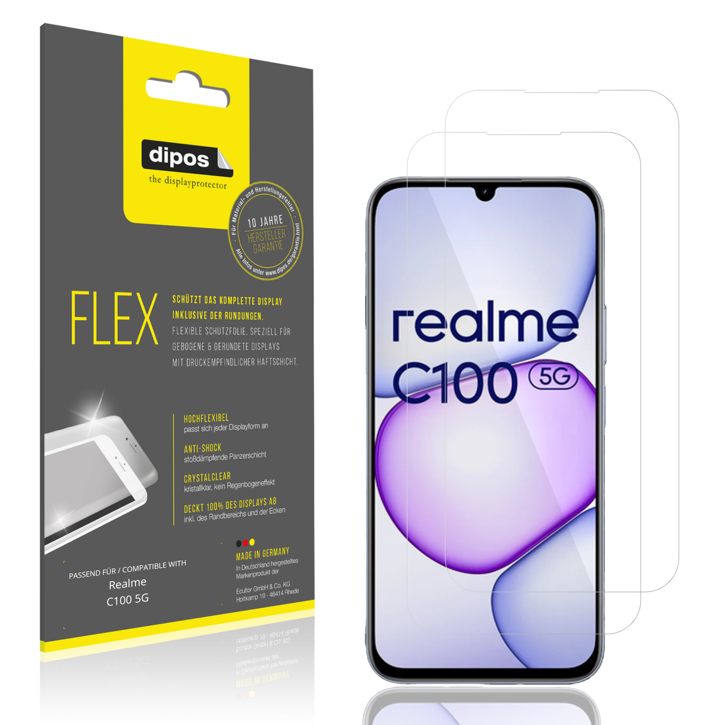 Klare Displayschutzfolie von dipos passend für Realme C100 5G, 100% Displayabdeckung und blasenfreie Montage