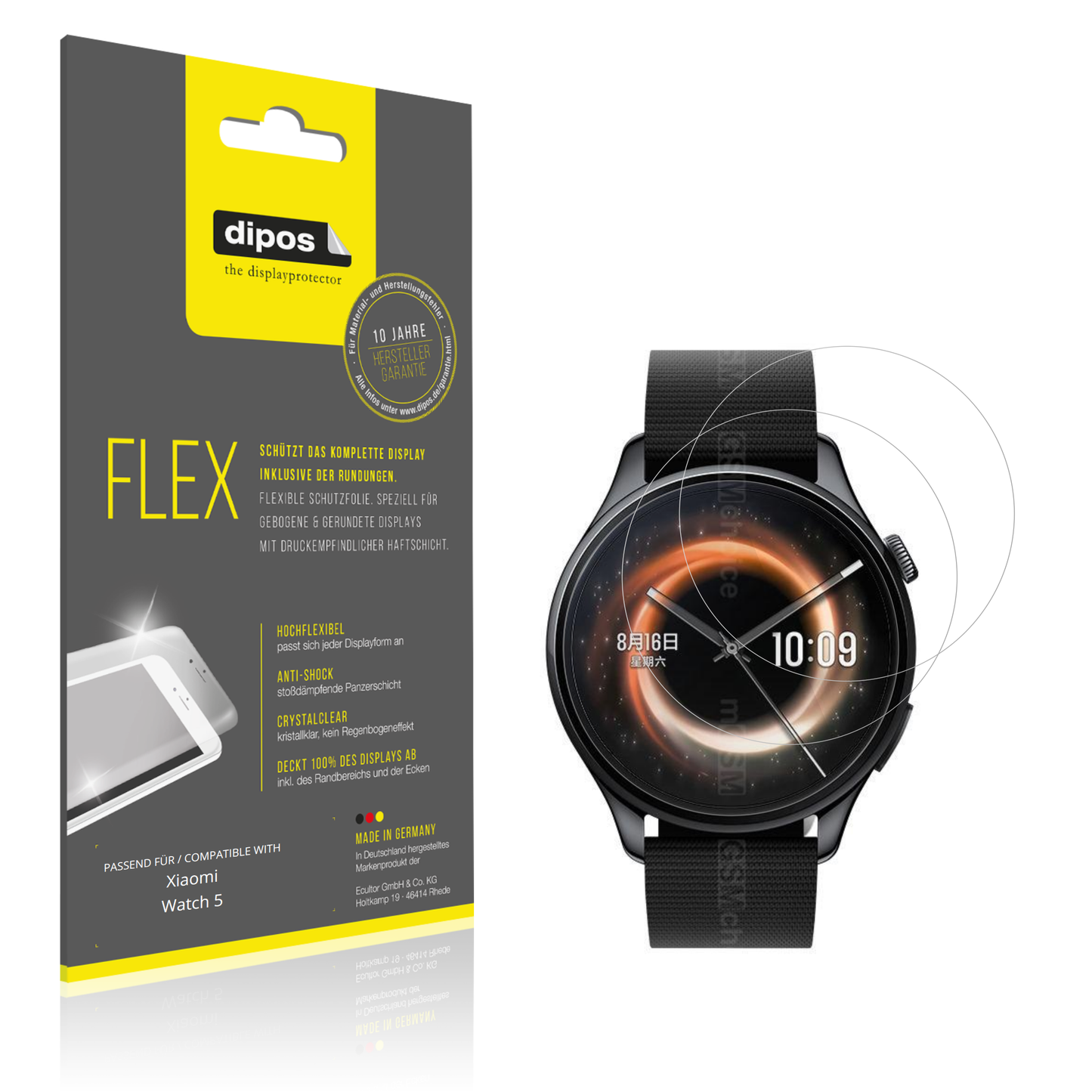 Klare Displayschutzfolie von dipos passend für Xiaomi Watch 5, 100% Displayabdeckung und blasenfreie Montage
