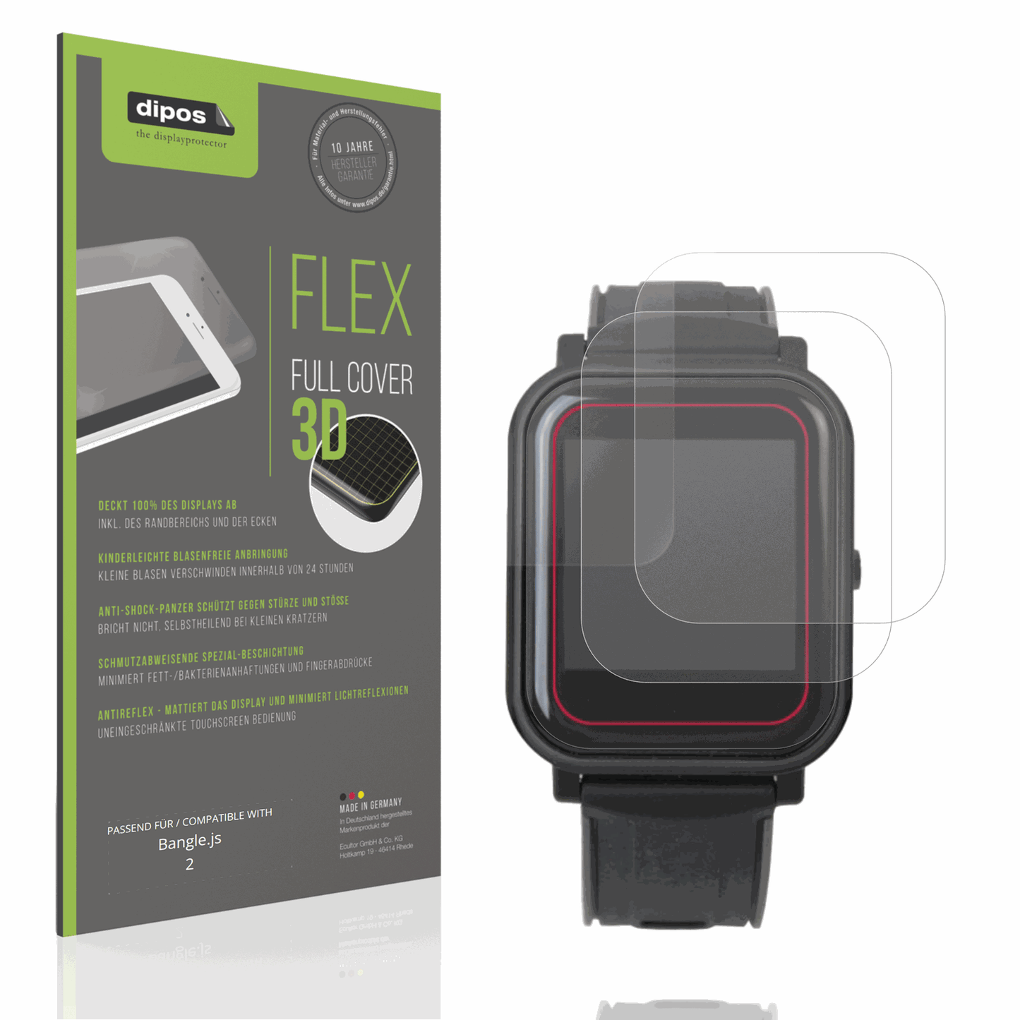 Matte Displayschutzfolie von dipos passend f�r Bangle.js 2, 100% Displayabdeckung und blasenfreie Montage