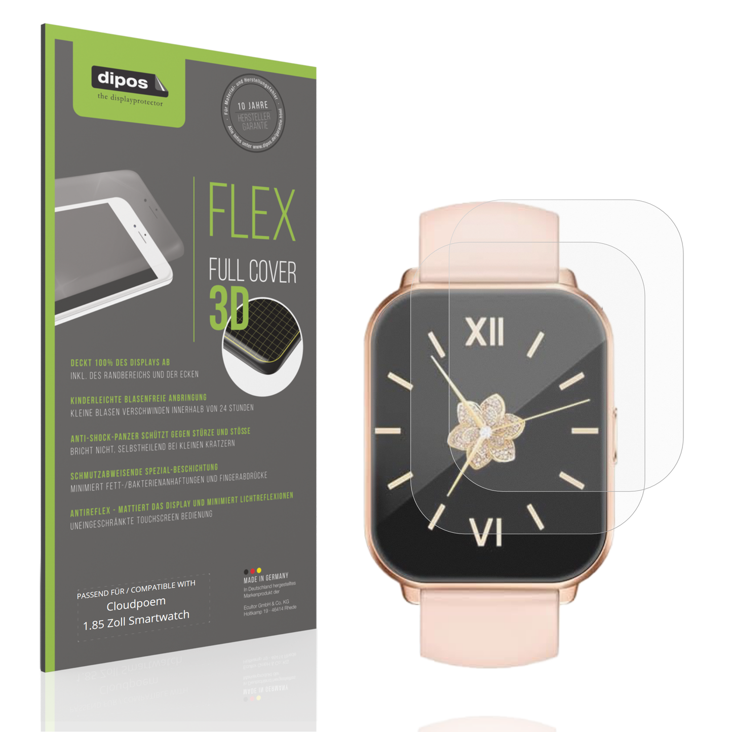 Matte Displayschutzfolie von dipos passend für Cloudpoem 1.85 Zoll Smartwatch, 100% Displayabdeckung und blasenfreie Montage