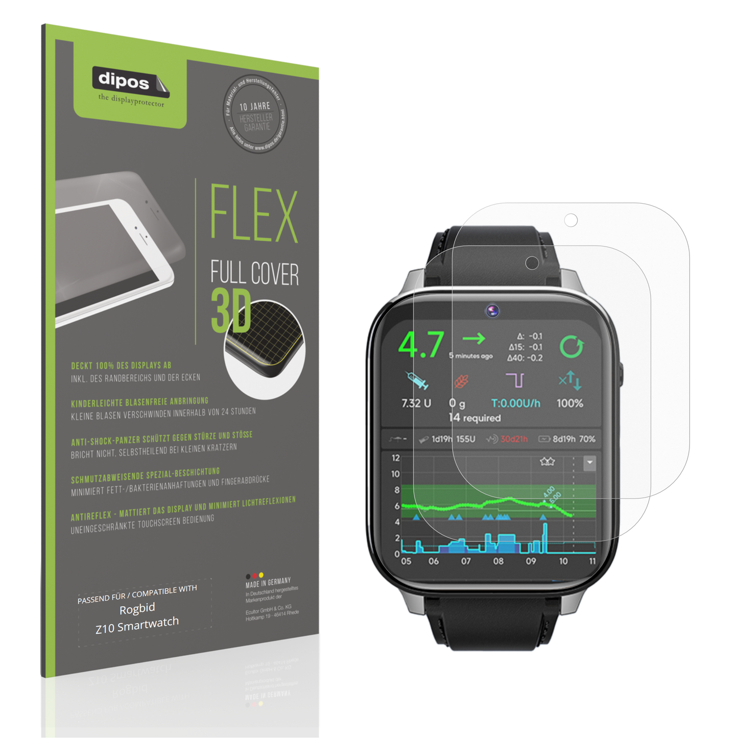 Matte Displayschutzfolie von dipos passend für Rogbid Z10 Smartwatch, 100% Displayabdeckung und blasenfreie Montage