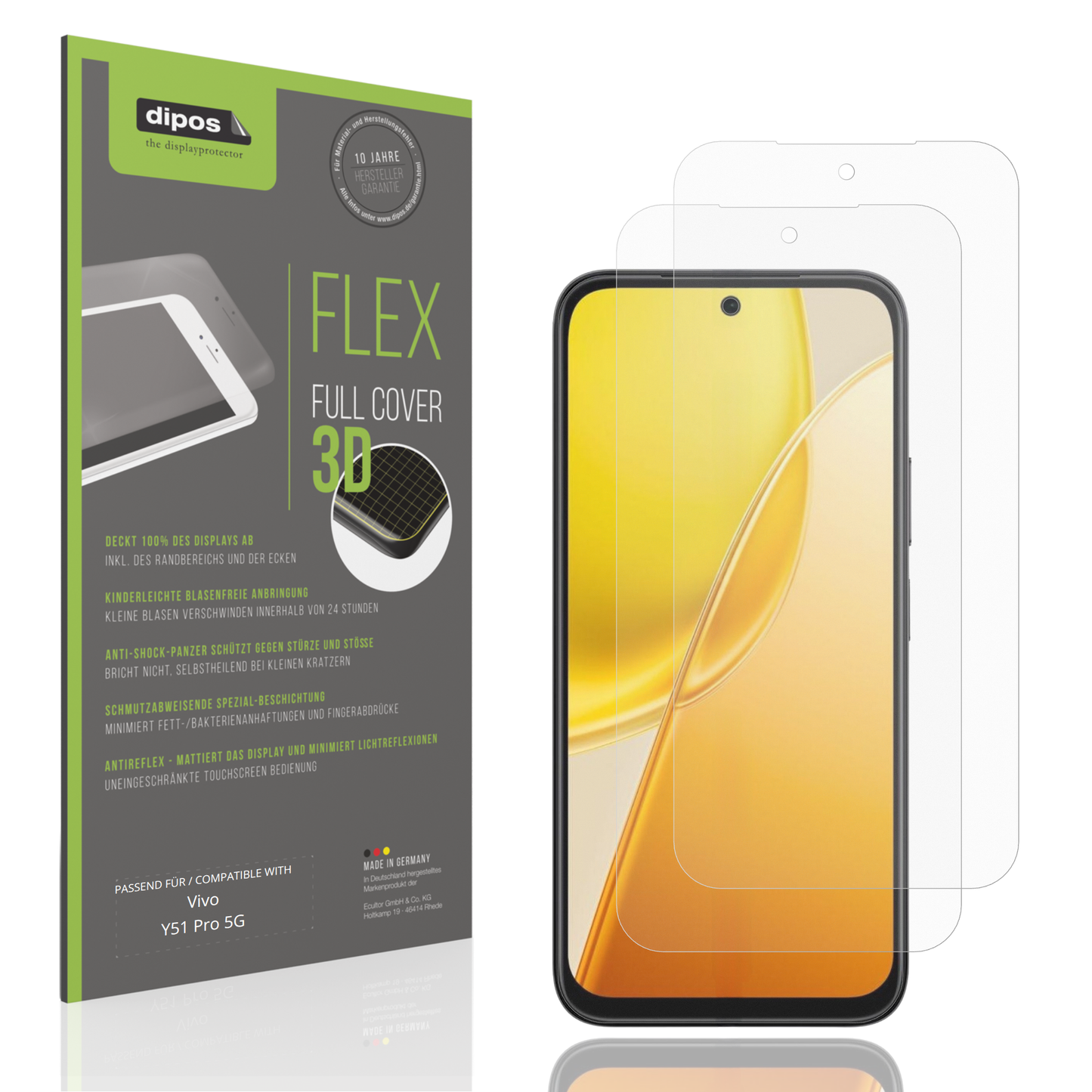 Matte Displayschutzfolie von dipos passend für Vivo Y51 Pro 5G, 100% Displayabdeckung und blasenfreie Montage