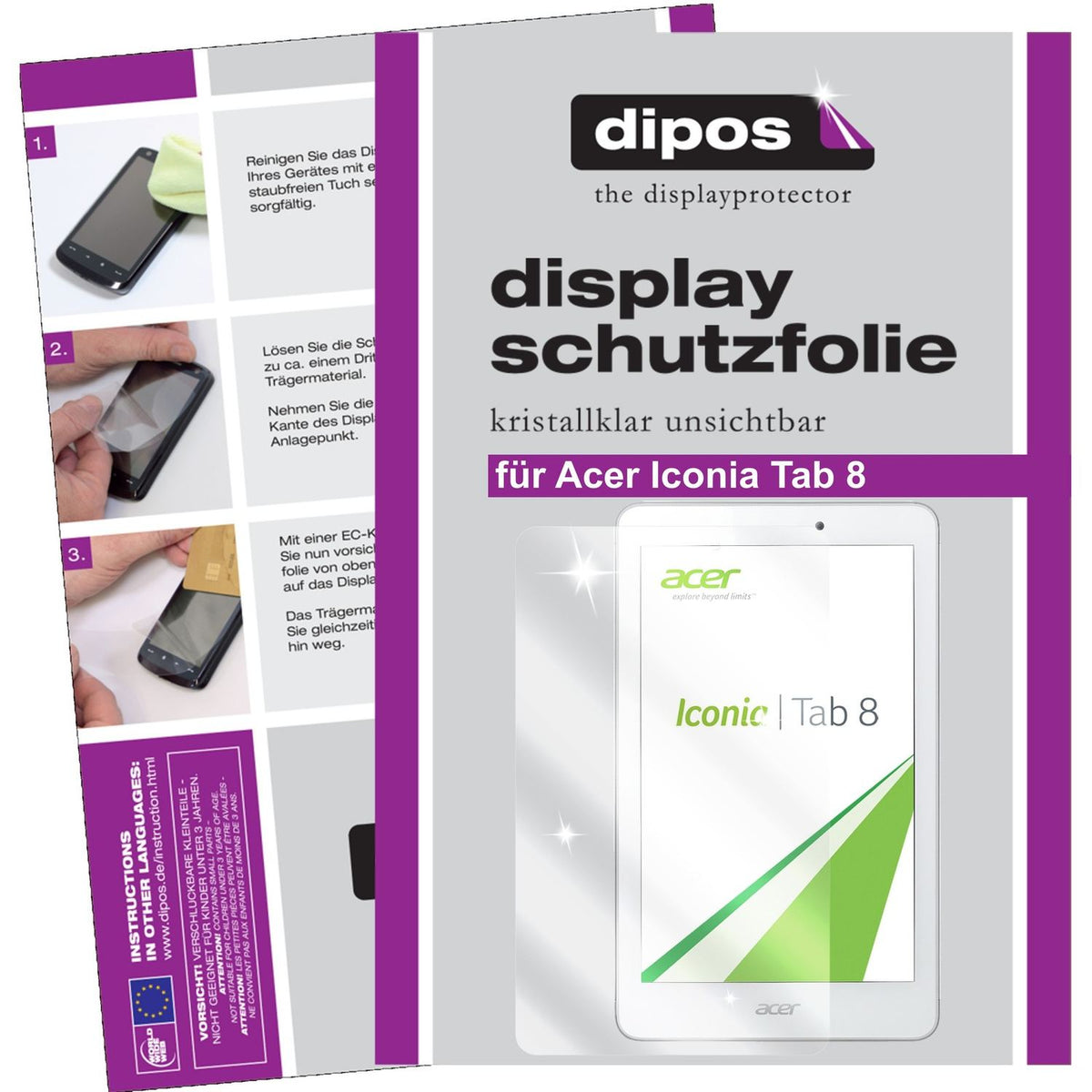 Klare Displayschutzfolie von dipos passend für Iconia Tab 8 Acer, präziser Zuschnitt und blasenfrei montiert