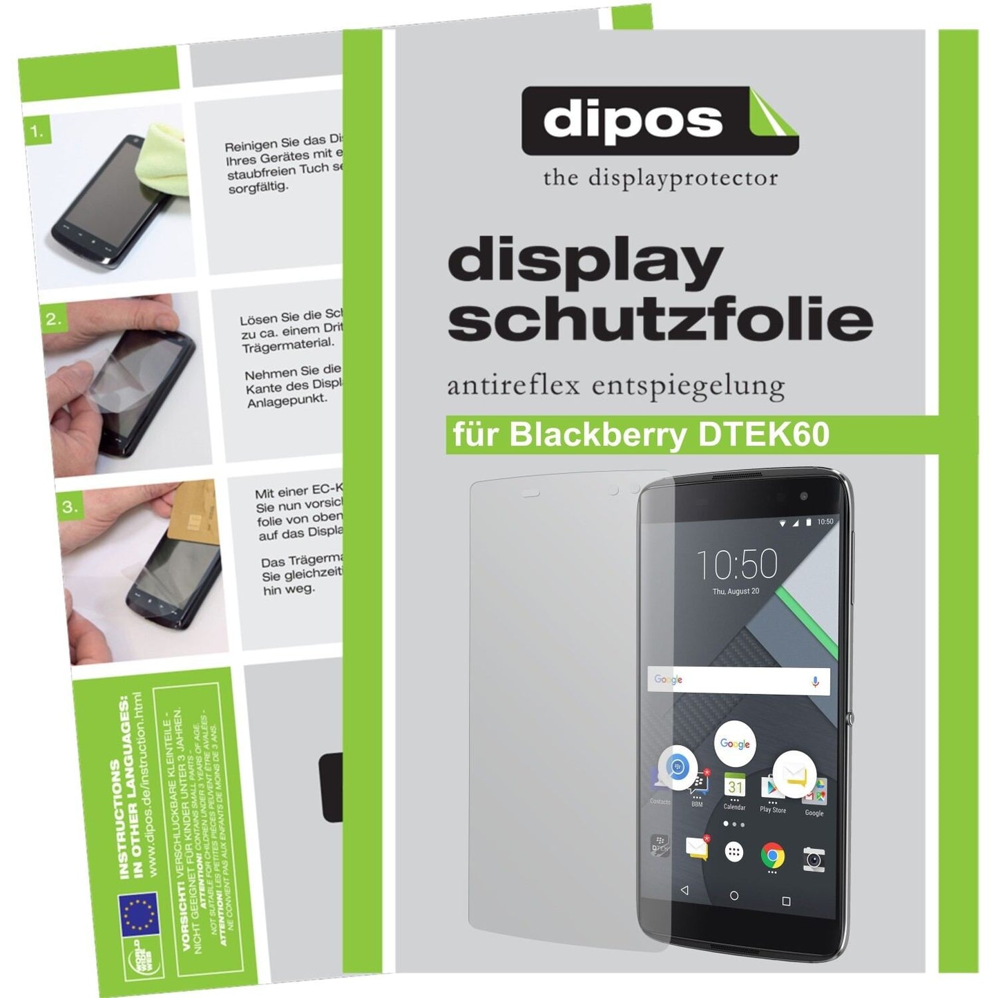 Matte Displayschutzfolie von dipos passend für Blackberry DTEK60, präziser Zuschnitt und blasenfrei montiert