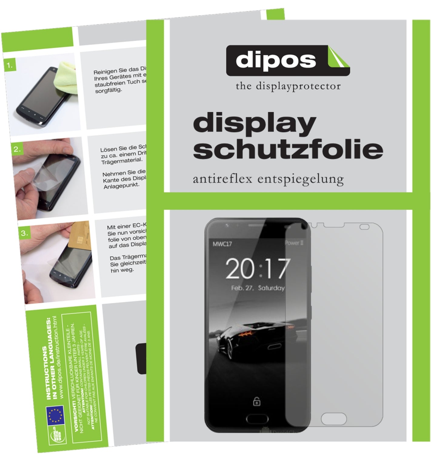 Matte Displayschutzfolie von dipos passend für Ulefone Power 2, präziser Zuschnitt und blasenfrei montiert