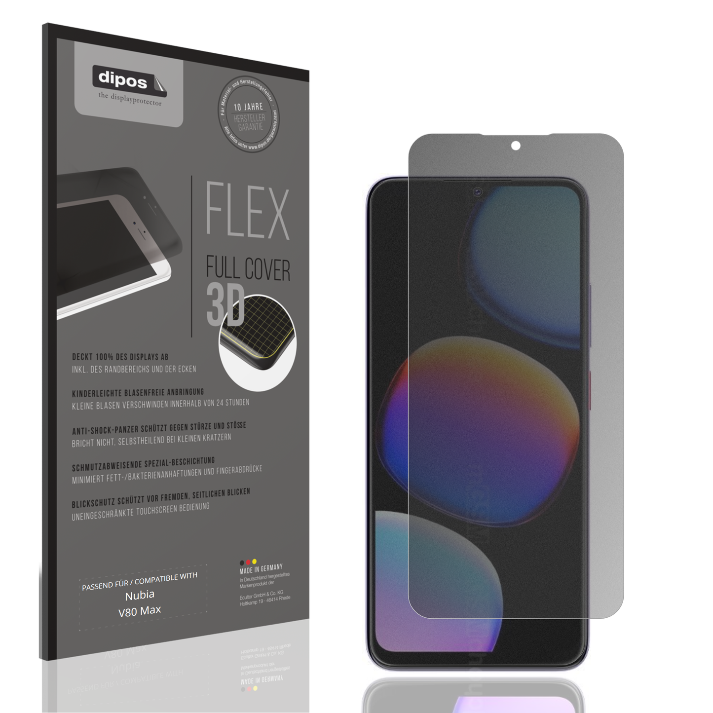 Blickschutzfolie von dipos passend für Nubia V80 Max, 100% Displayabdeckung und blasenfreie Montage