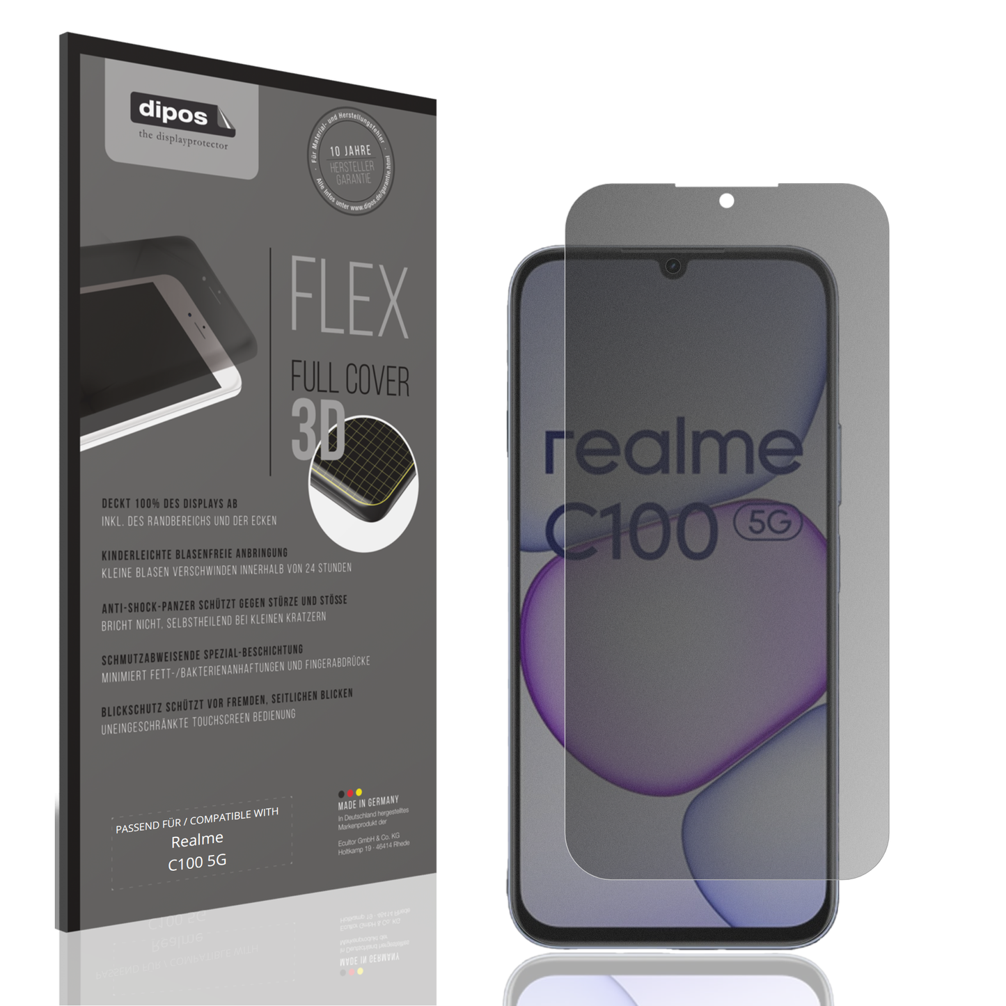 Blickschutzfolie von dipos passend für Realme C100 5G, 100% Displayabdeckung und blasenfreie Montage