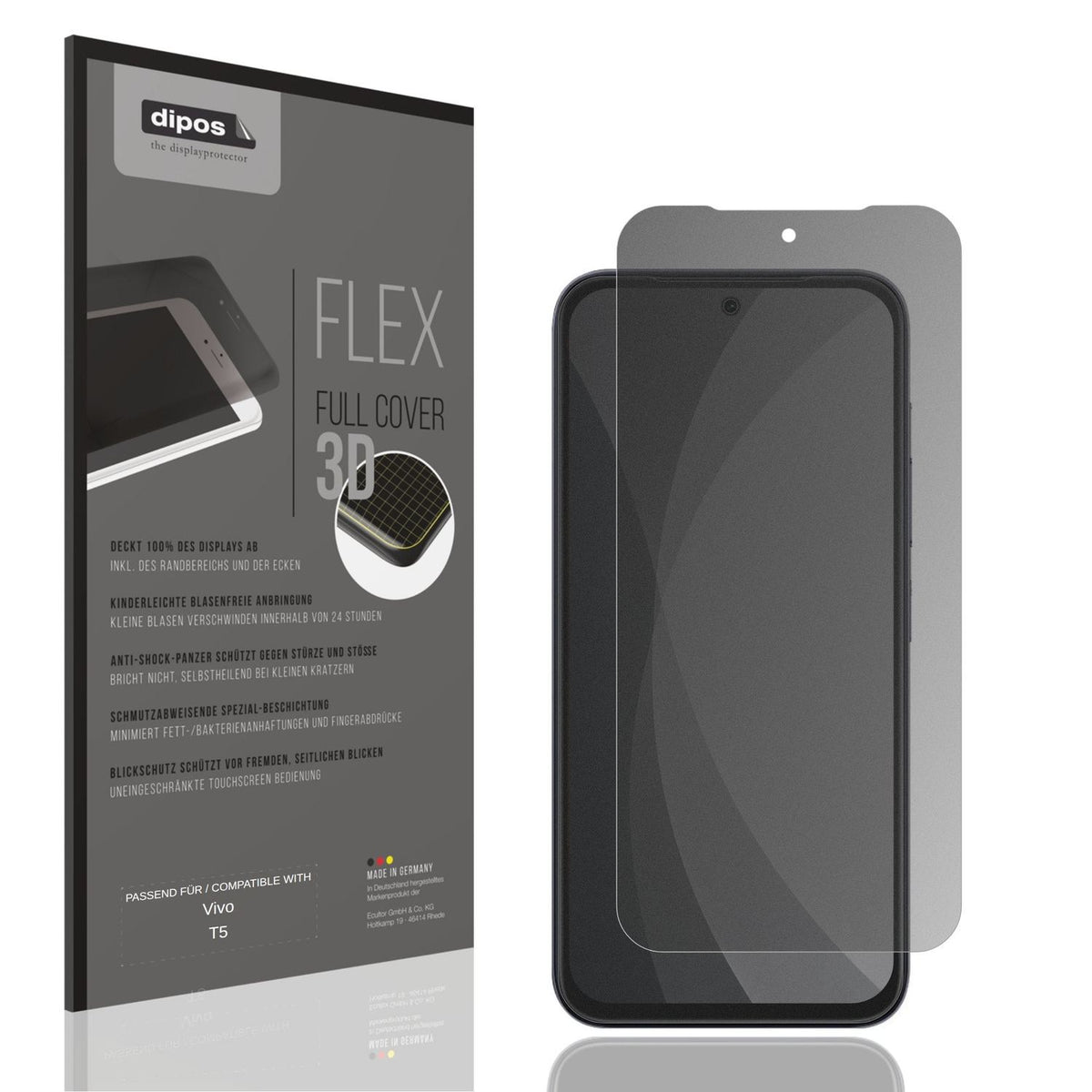 Blickschutzfolie von dipos passend für Vivo T5, 100% Displayabdeckung und blasenfreie Montage