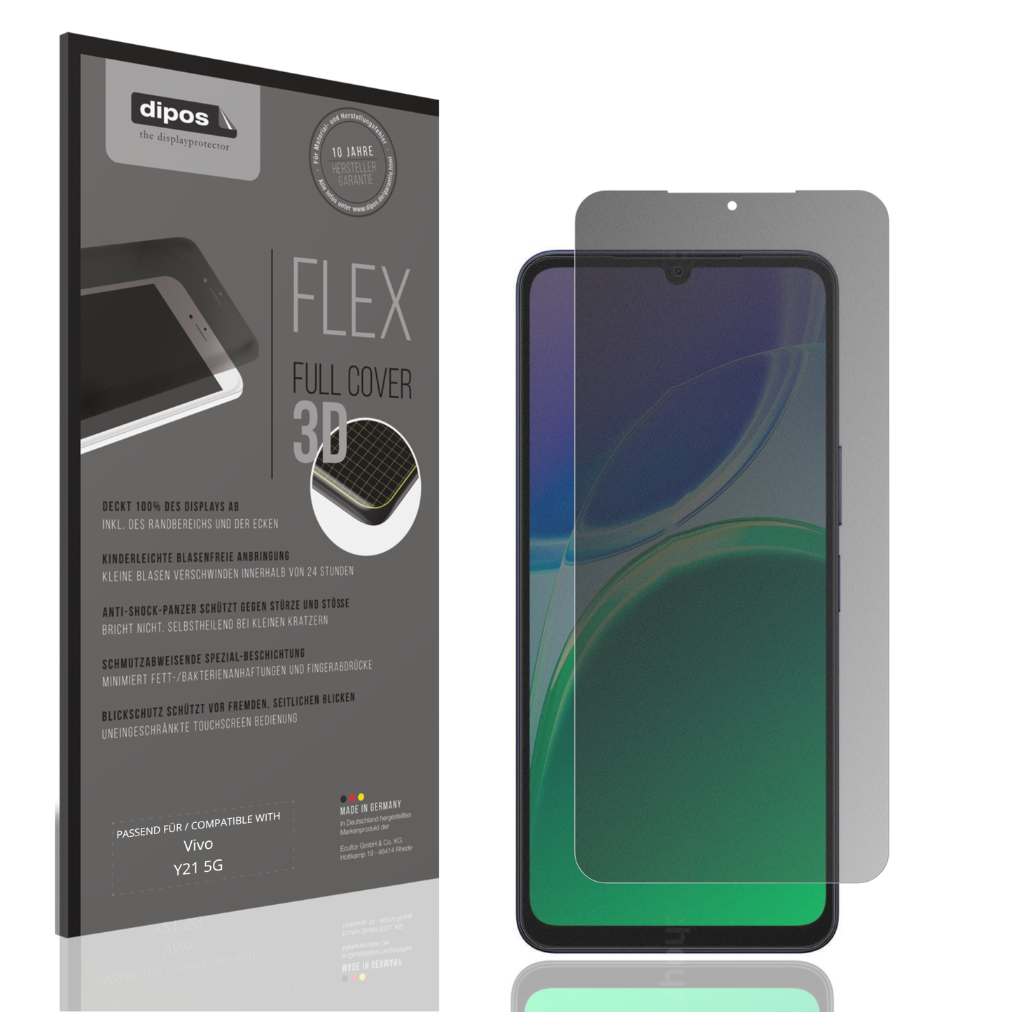 Blickschutzfolie von dipos passend für Vivo Y21 5G, 100% Displayabdeckung und blasenfreie Montage