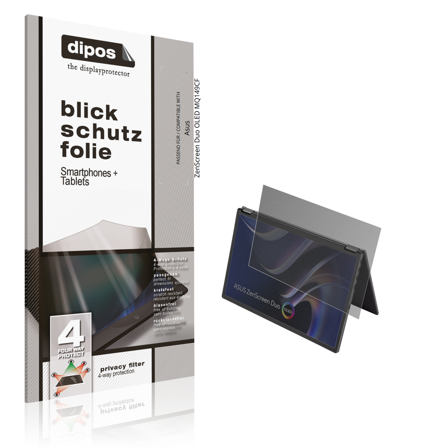 Blickschutzfolie von dipos passend für Asus ZenScreen Duo OLED MQ149CF, präziser Zuschnitt und blasenfrei montiert