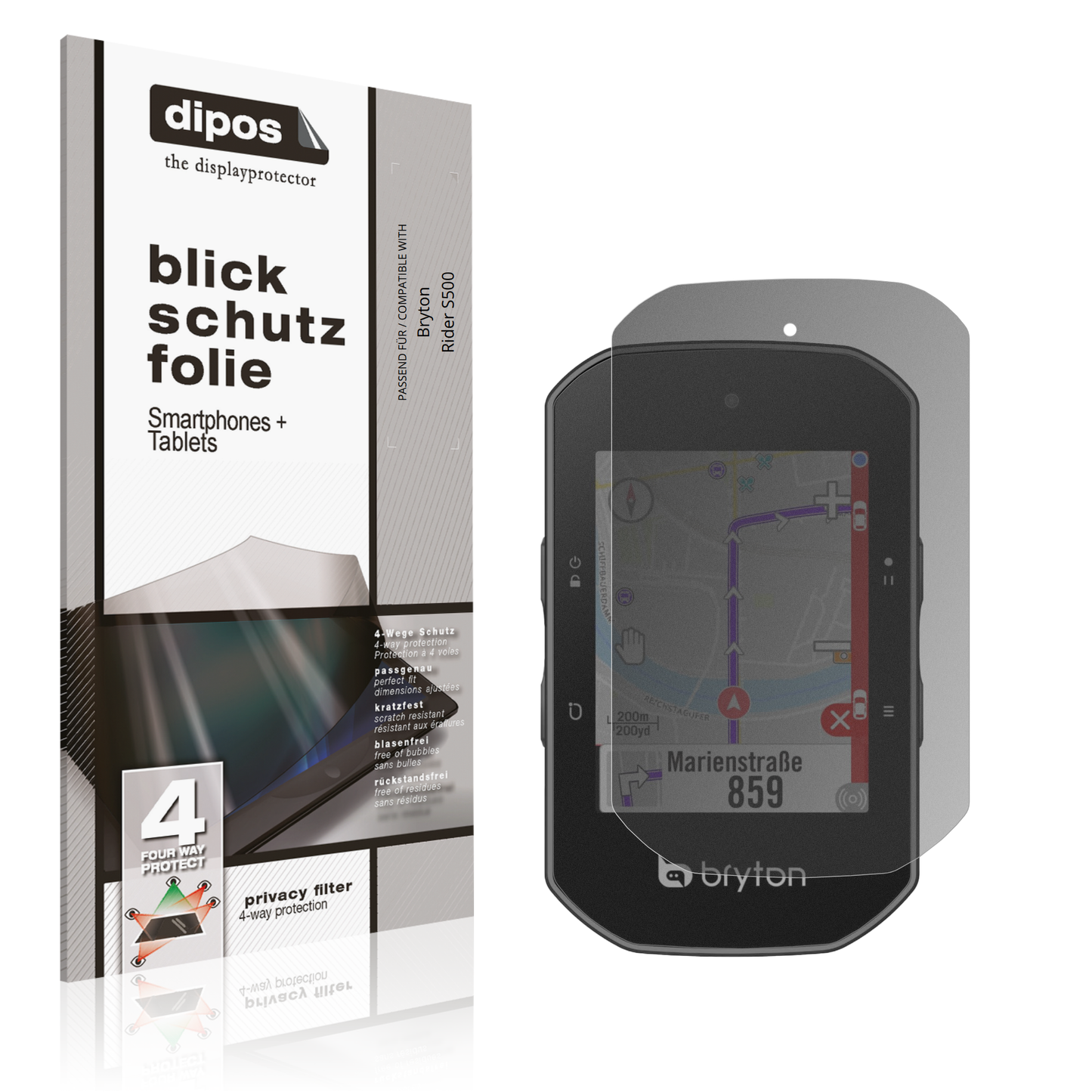 Blickschutzfolie von dipos passend für Bryton Rider S500, präziser Zuschnitt und blasenfrei montiert