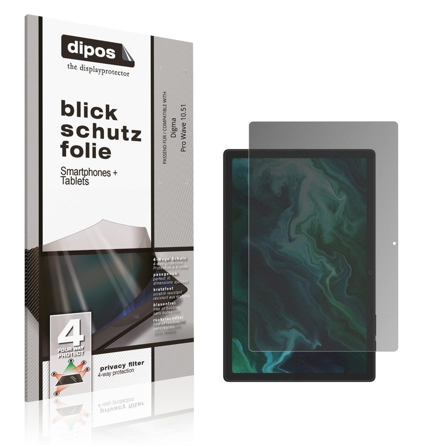 Blickschutzfolie von dipos passend für Digma Pro Wave 10.51, präziser Zuschnitt und blasenfrei montiert
