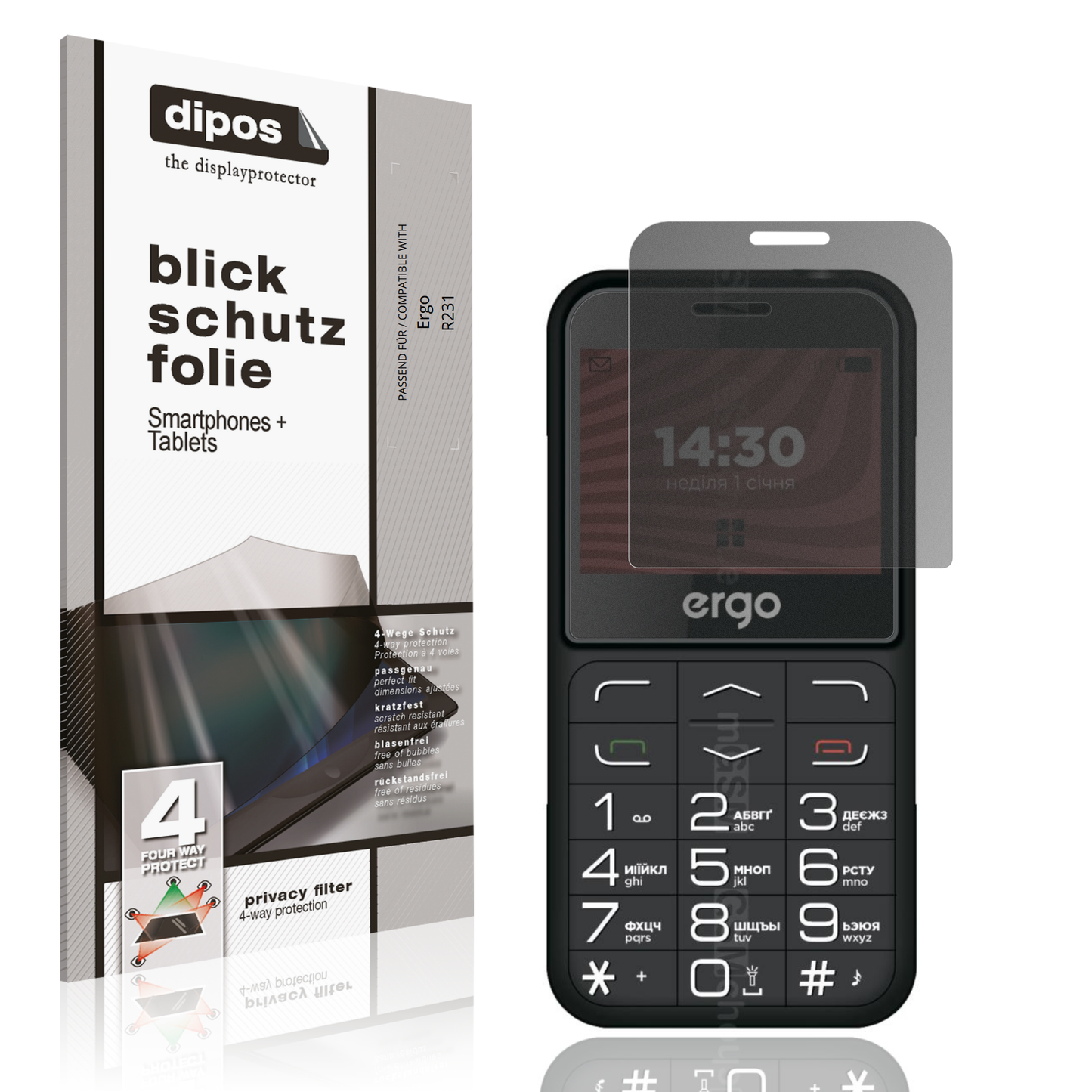 Blickschutzfolie von dipos passend für Ergo R231, präziser Zuschnitt und blasenfrei montiert