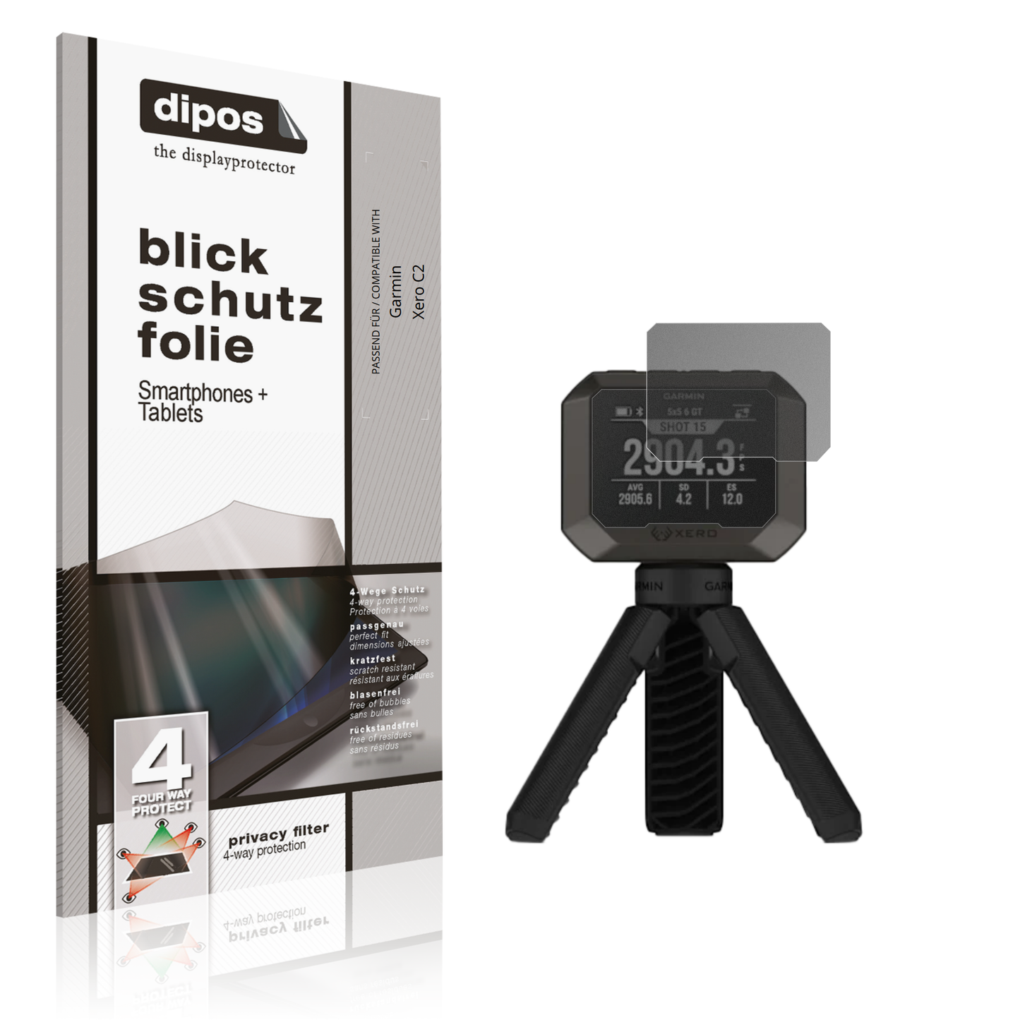 Blickschutzfolie von dipos passend für Garmin Xero C2, präziser Zuschnitt und blasenfrei montiert