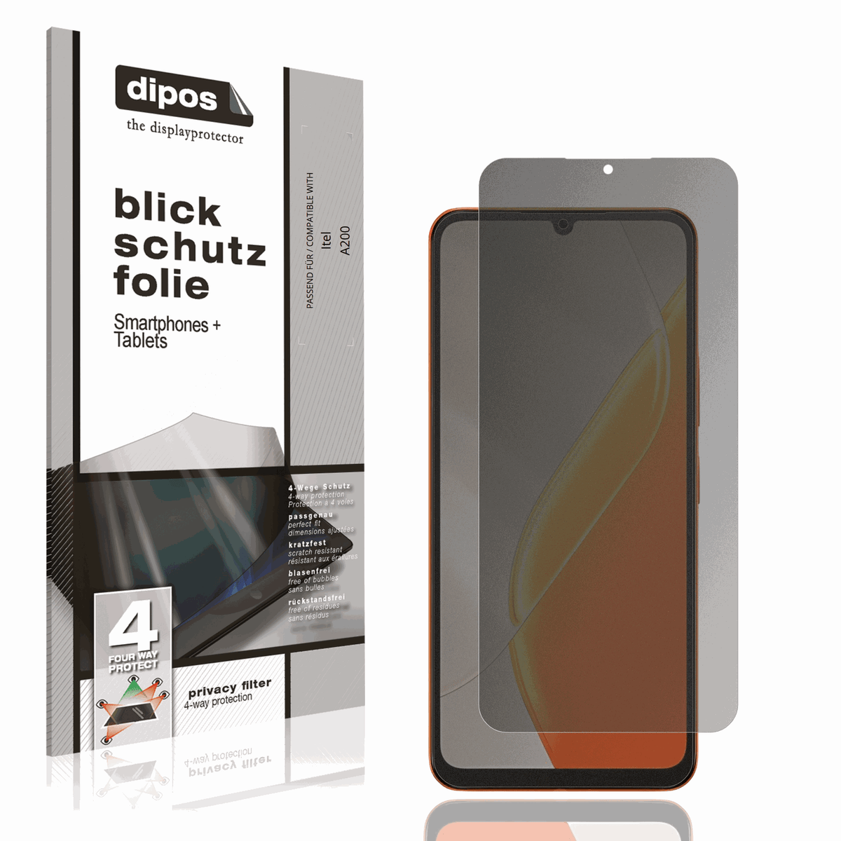 Blickschutzfolie von dipos passend für Itel A200, präziser Zuschnitt und blasenfrei montiert