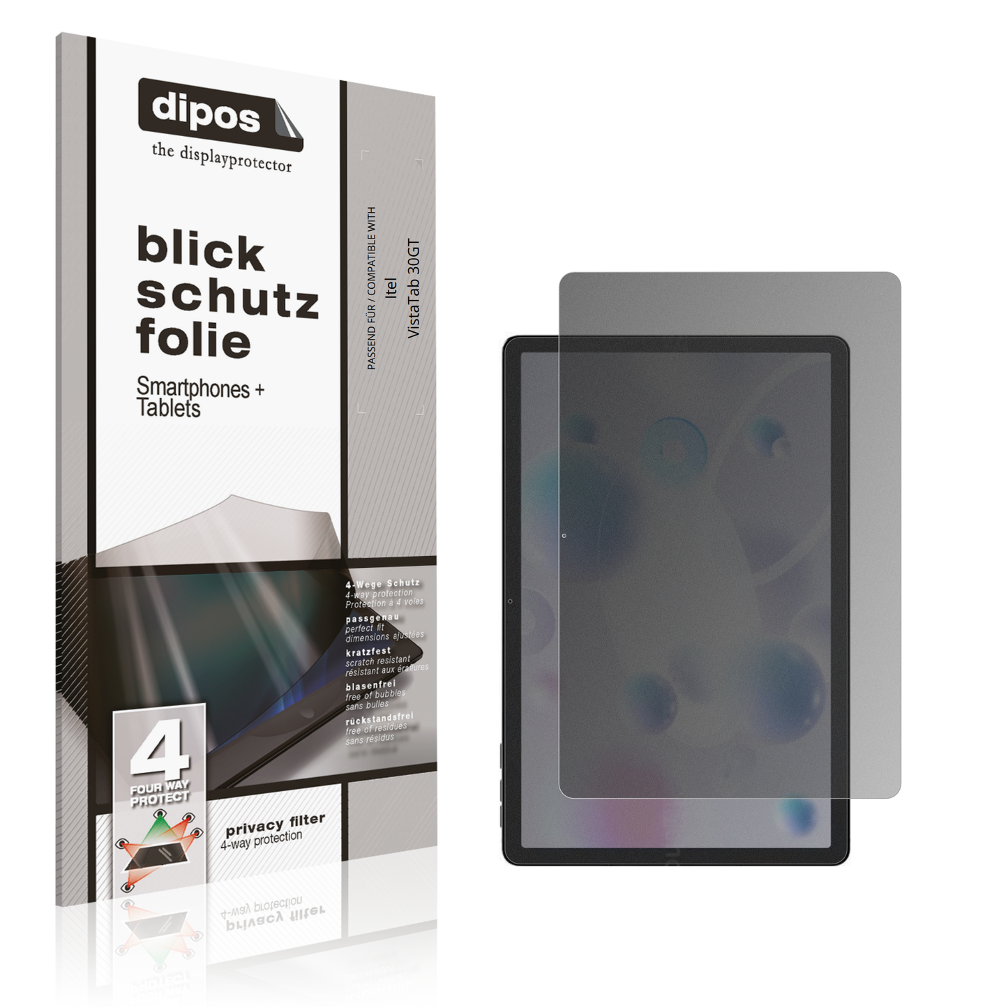 Blickschutzfolie von dipos passend für Itel VistaTab 30GT, präziser Zuschnitt und blasenfrei montiert