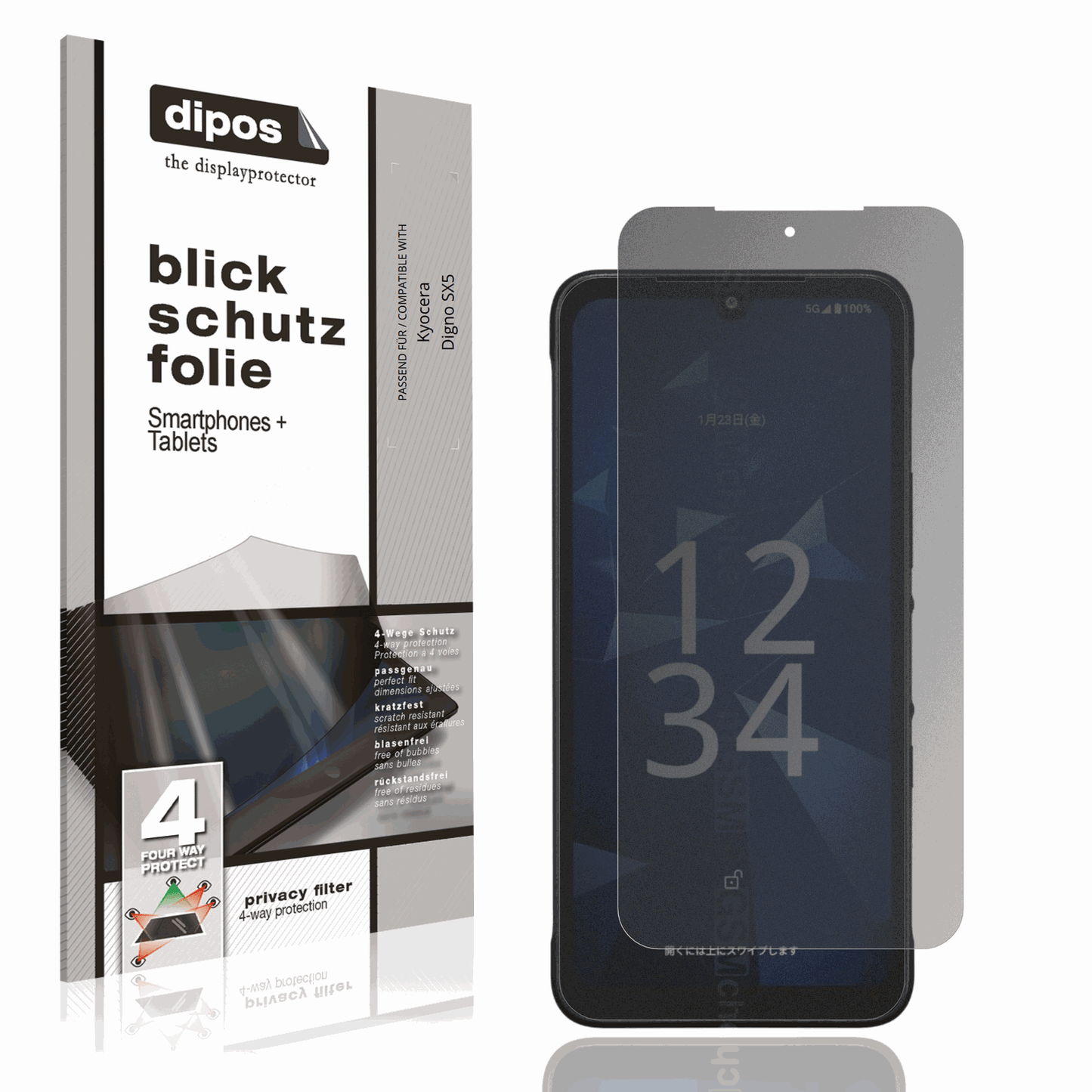 Blickschutzfolie von dipos passend für Kyocera Digno SX5, präziser Zuschnitt und blasenfrei montiert