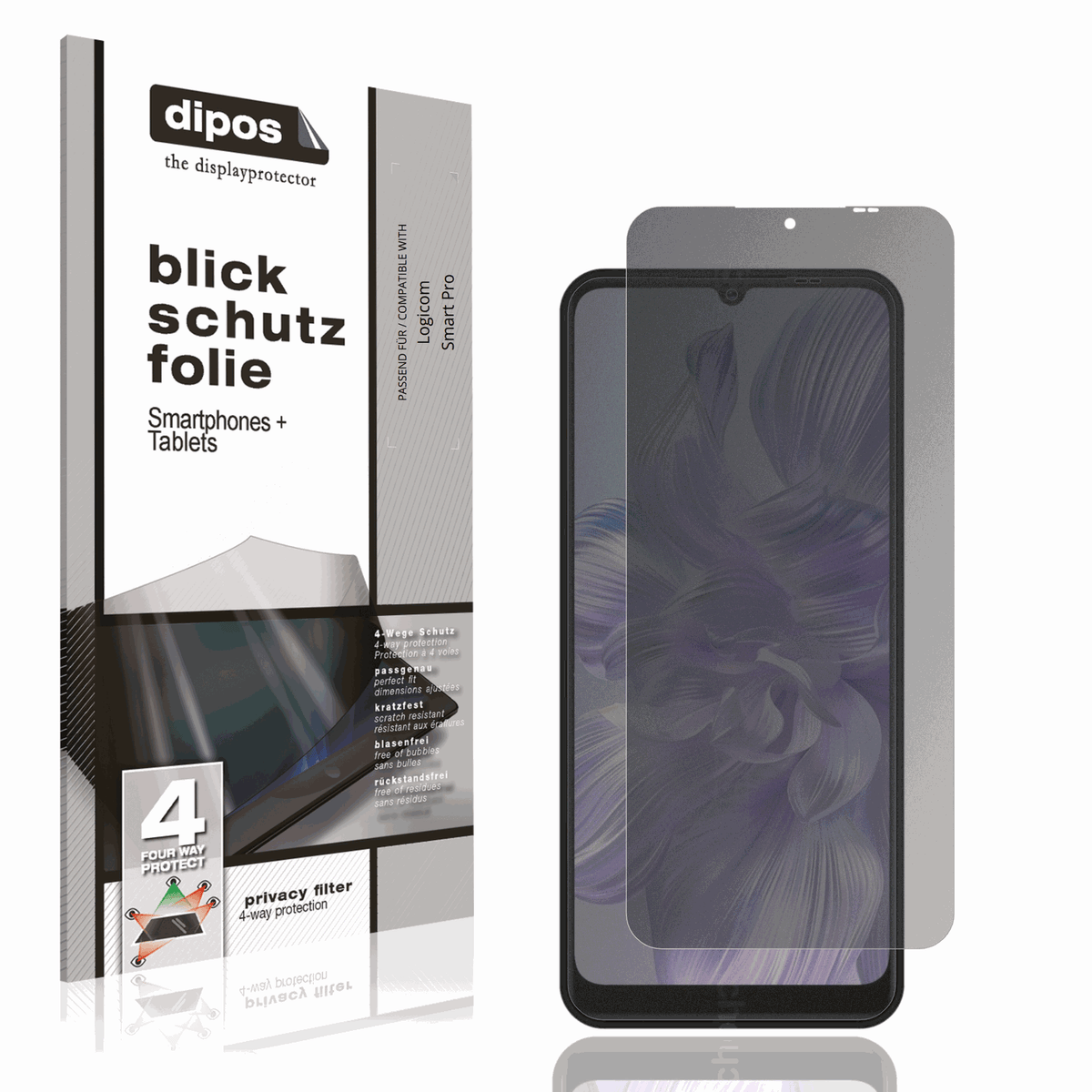 Blickschutzfolie von dipos passend für Logicom Smart Pro, präziser Zuschnitt und blasenfrei montiert