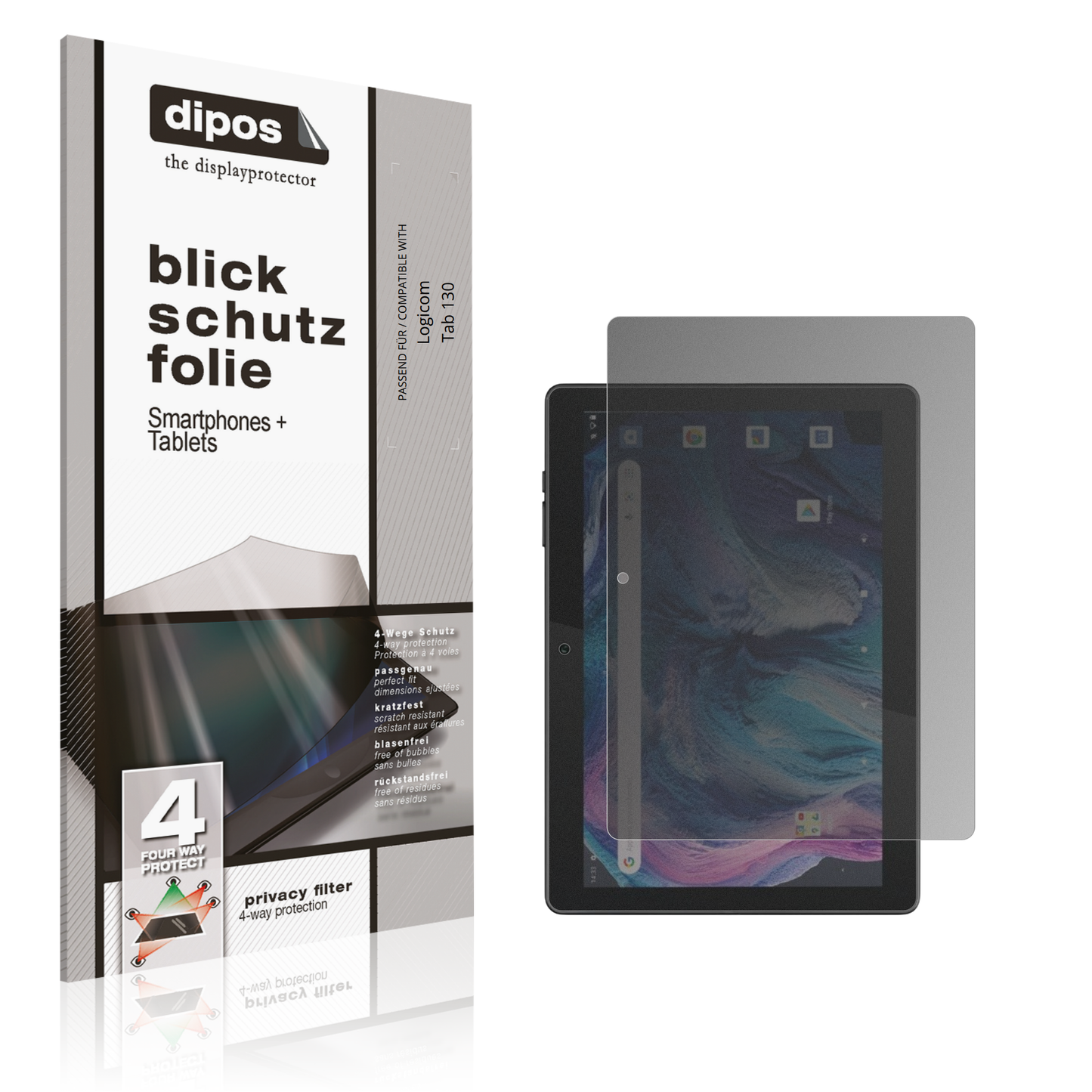 Blickschutzfolie von dipos passend für Logicom Tab 130, präziser Zuschnitt und blasenfrei montiert