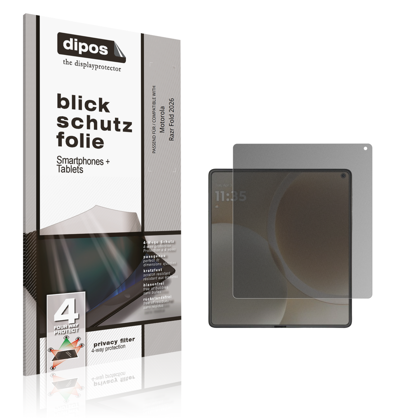 Blickschutzfolie von dipos passend für Motorola Razr Fold 2026 Aussenseite, präziser Zuschnitt und blasenfrei montiert
