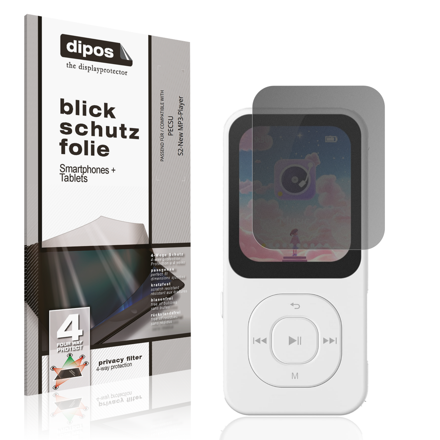 Blickschutzfolie von dipos passend für PECSU S2-New MP3-Player, präziser Zuschnitt und blasenfrei montiert