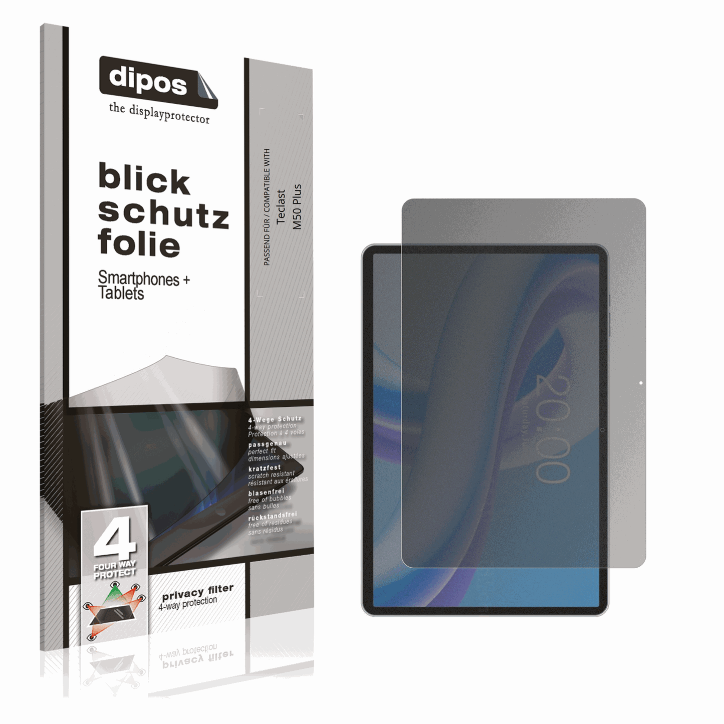 Blickschutzfolie von dipos passend f�r Teclast M50 Plus, pr�ziser Zuschnitt und blasenfrei montiert