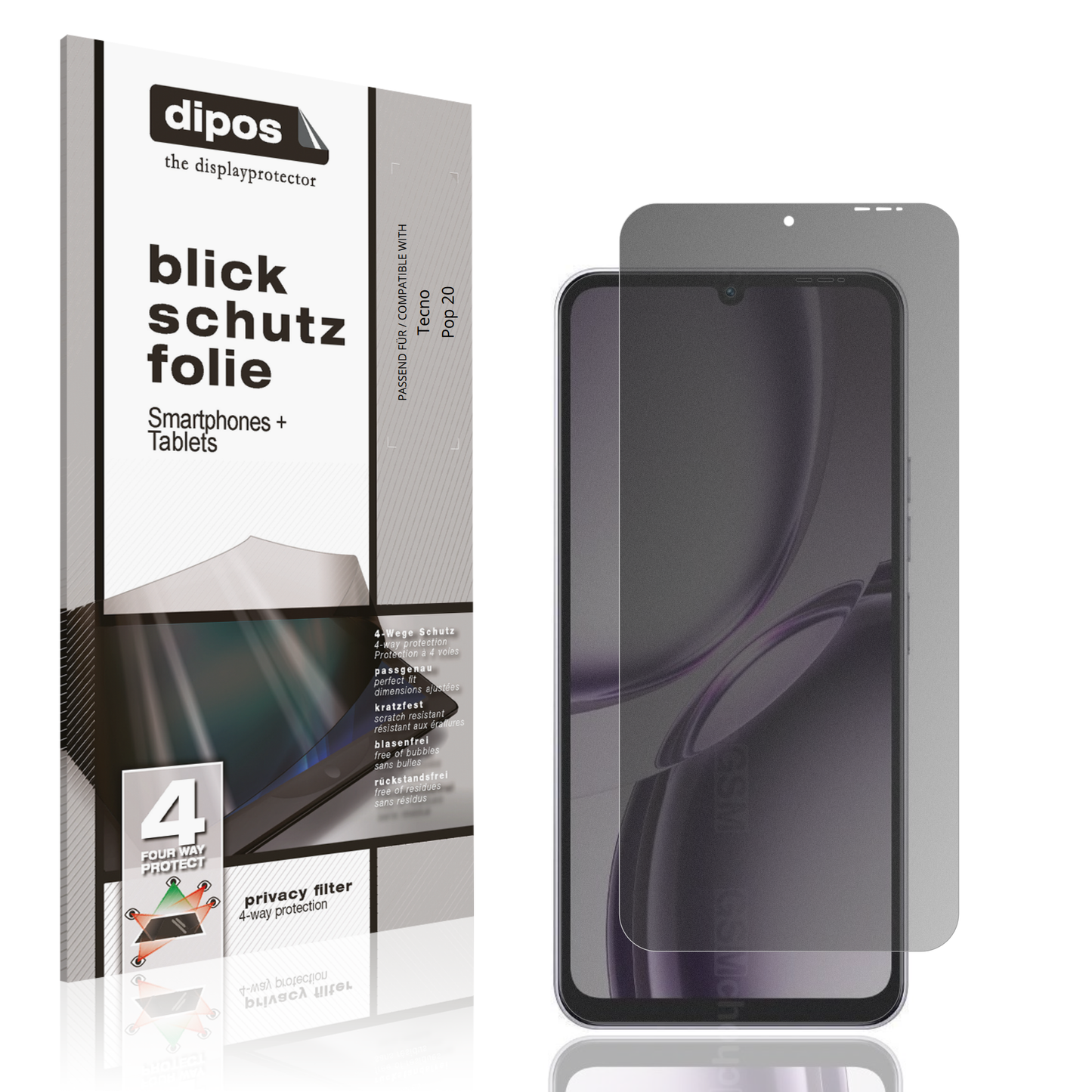 Blickschutzfolie von dipos passend für Tecno Pop 20, präziser Zuschnitt und blasenfrei montiert