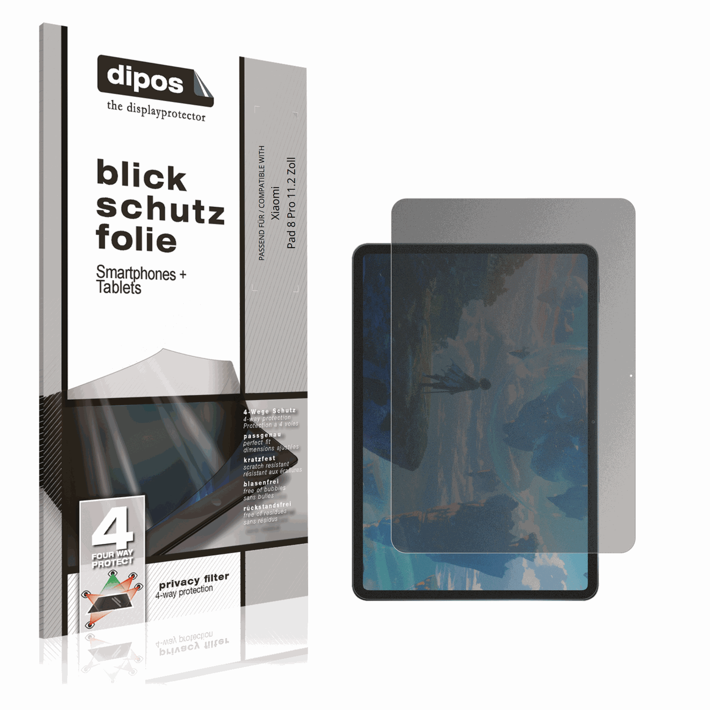 Blickschutzfolie von dipos passend für Xiaomi Pad 8 Pro 11.2 Zoll, präziser Zuschnitt und blasenfrei montiert