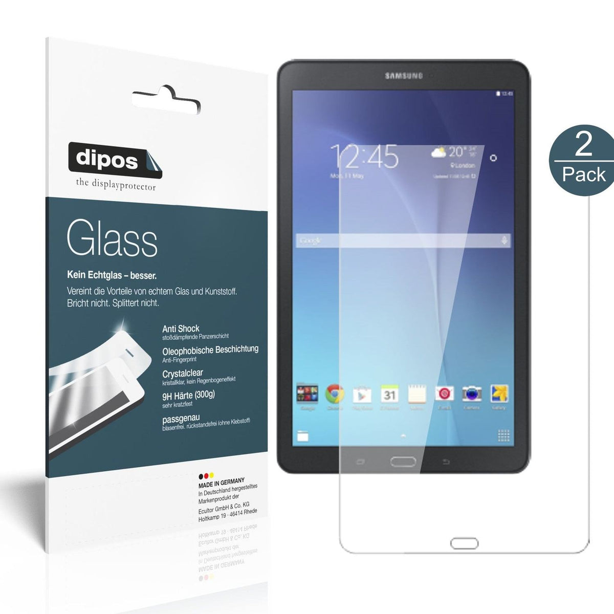 SamsungGalaxy Tab E 9.6 mit aufgebrachter dipos Flex Schutzfolie, glasklare Darstellung ohne Einschränkungen