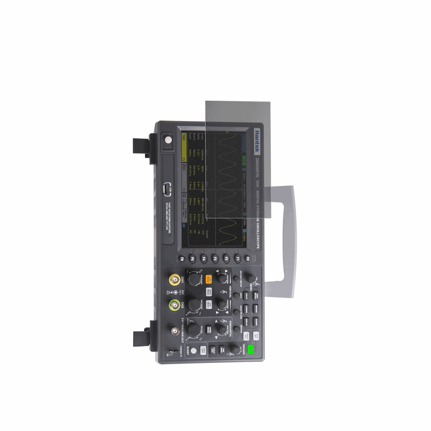HantekDSO2D15 Oscilloscope mit aufgebrachtem dipos Displayschutz, der seitliche Einblicke blockiert