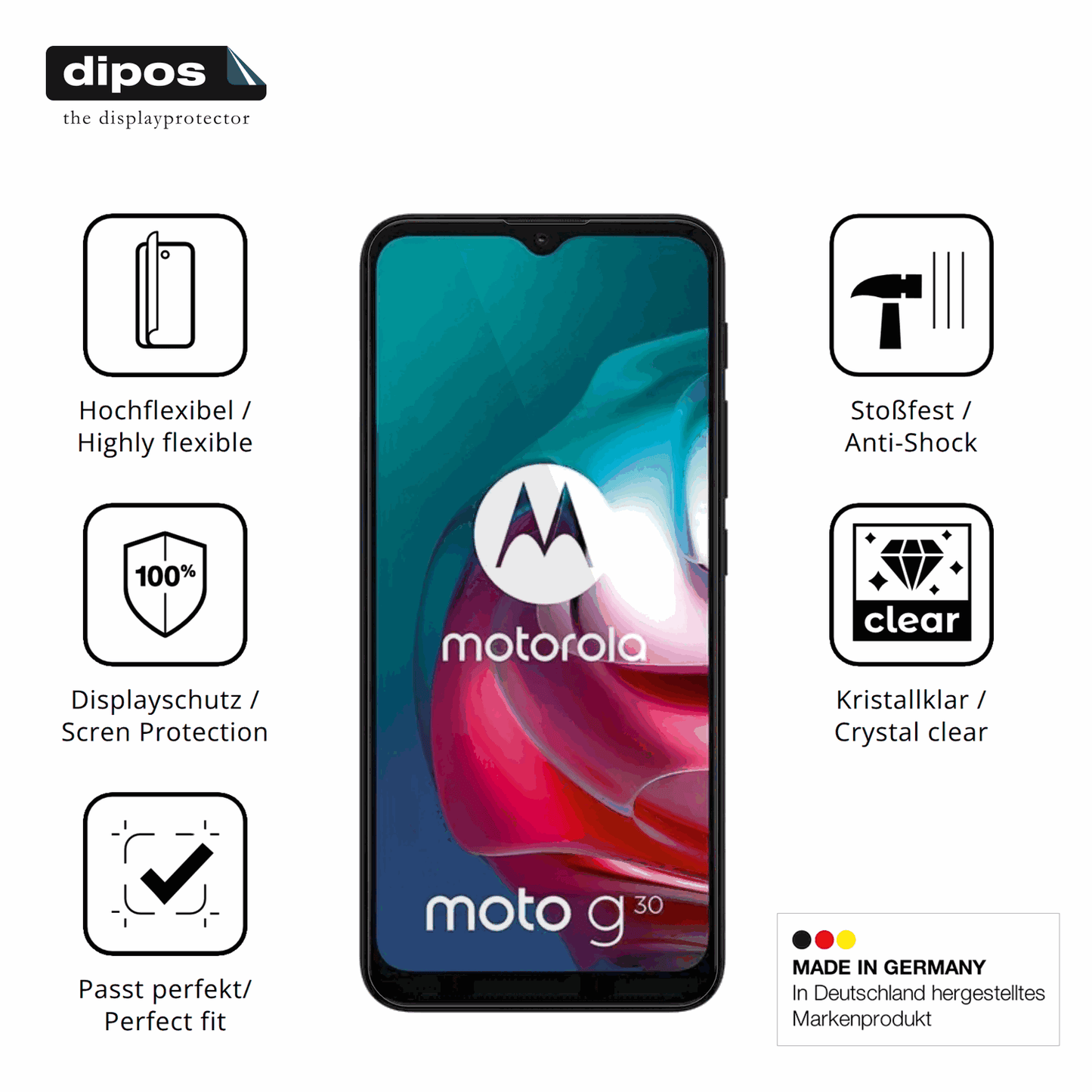 2x Screen Protector for Motorola Moto G30 Protective Film covers 100% dipos Flex