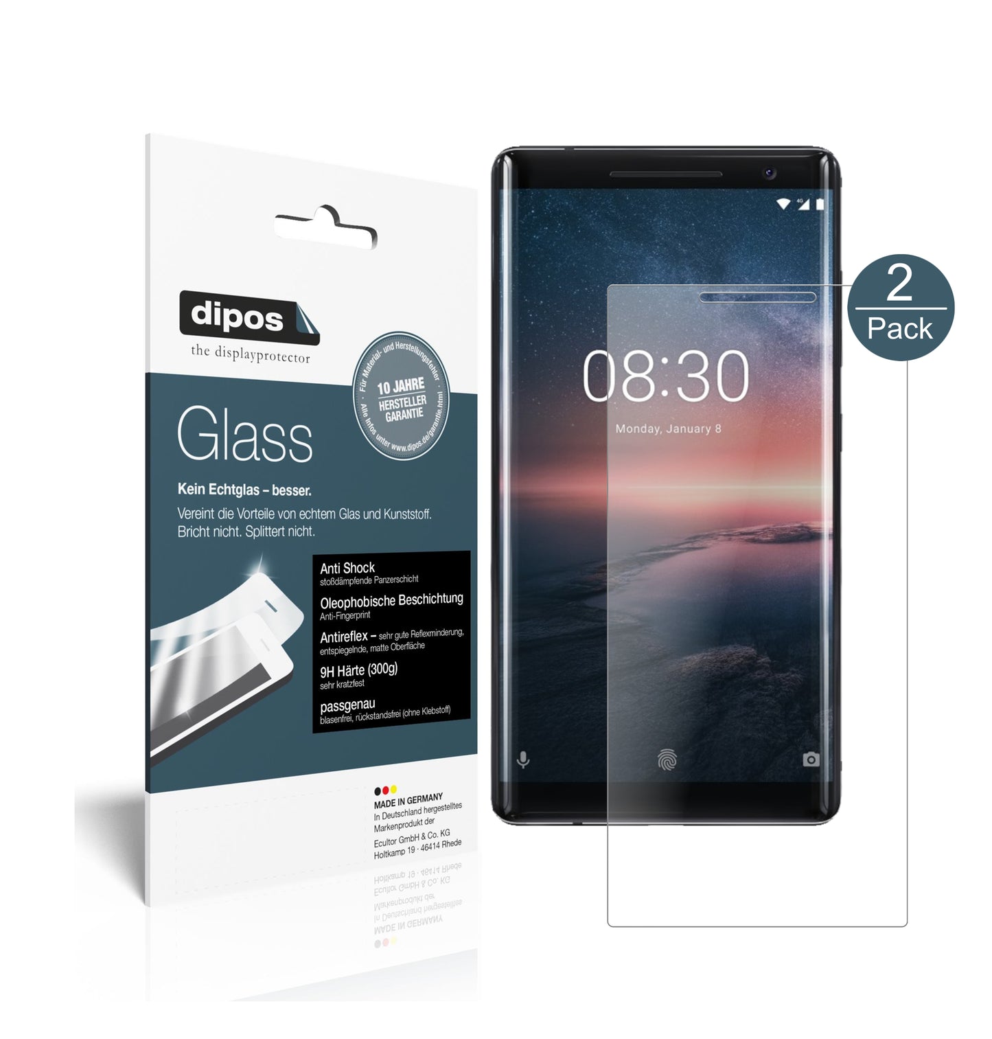 Mattes Panzerglas: Schutz vor Brüchen, Fingerabdrücken und Bildschirmblendung für Nokia-8 Sirocco