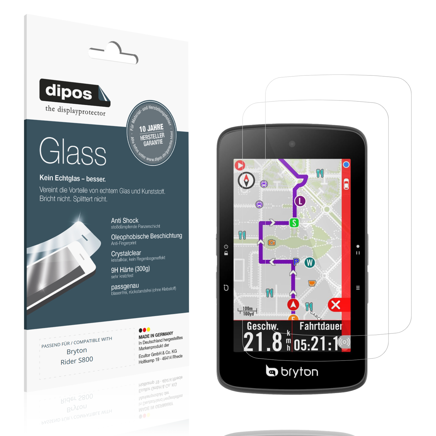 Klare Displayschutzfolie von dipos passend für Bryton Rider S800, 9H kratzfest und blasenfrei montiert
