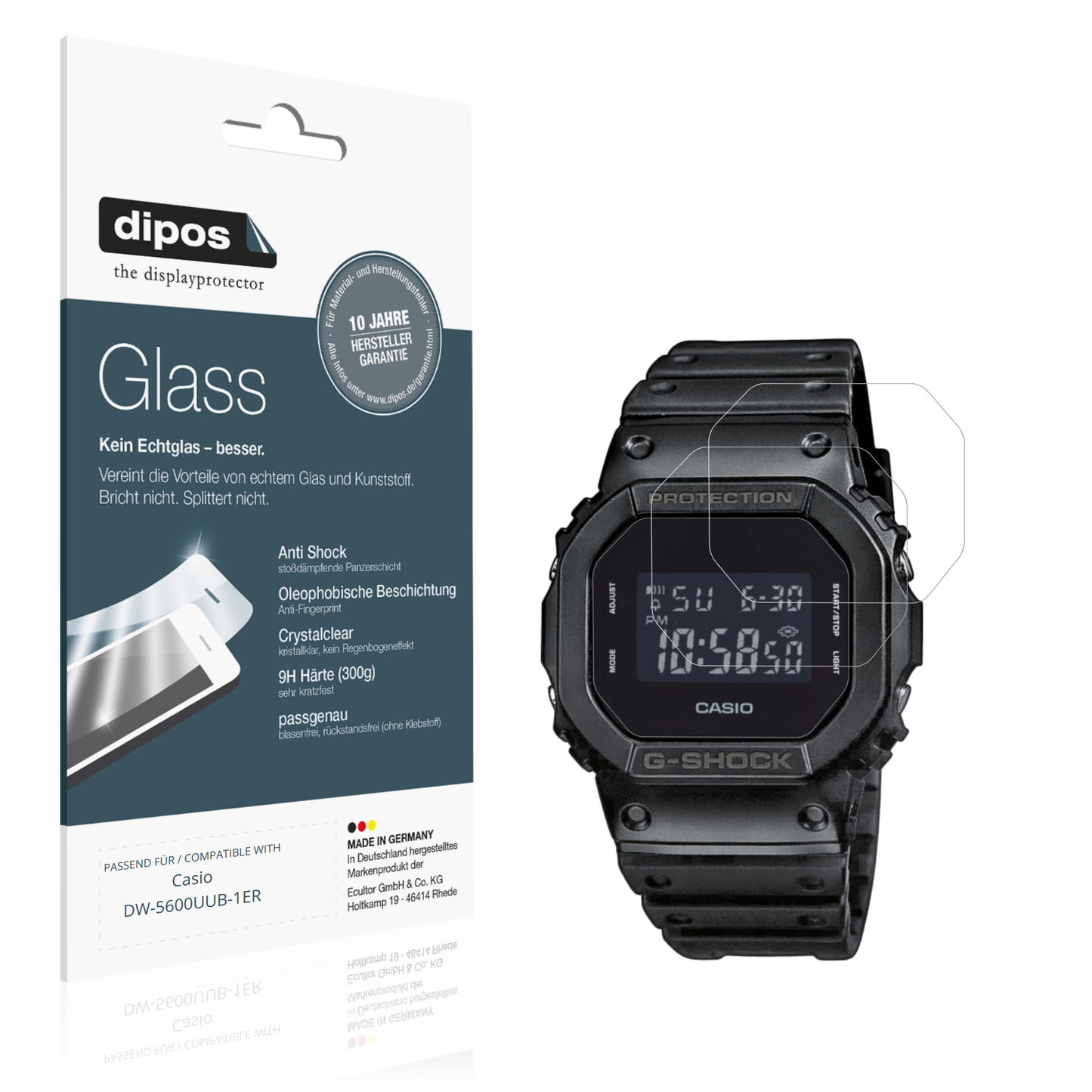 Klare Displayschutzfolie von dipos passend für Casio DW-5600UUB-1ER, 9H kratzfest und blasenfrei montiert