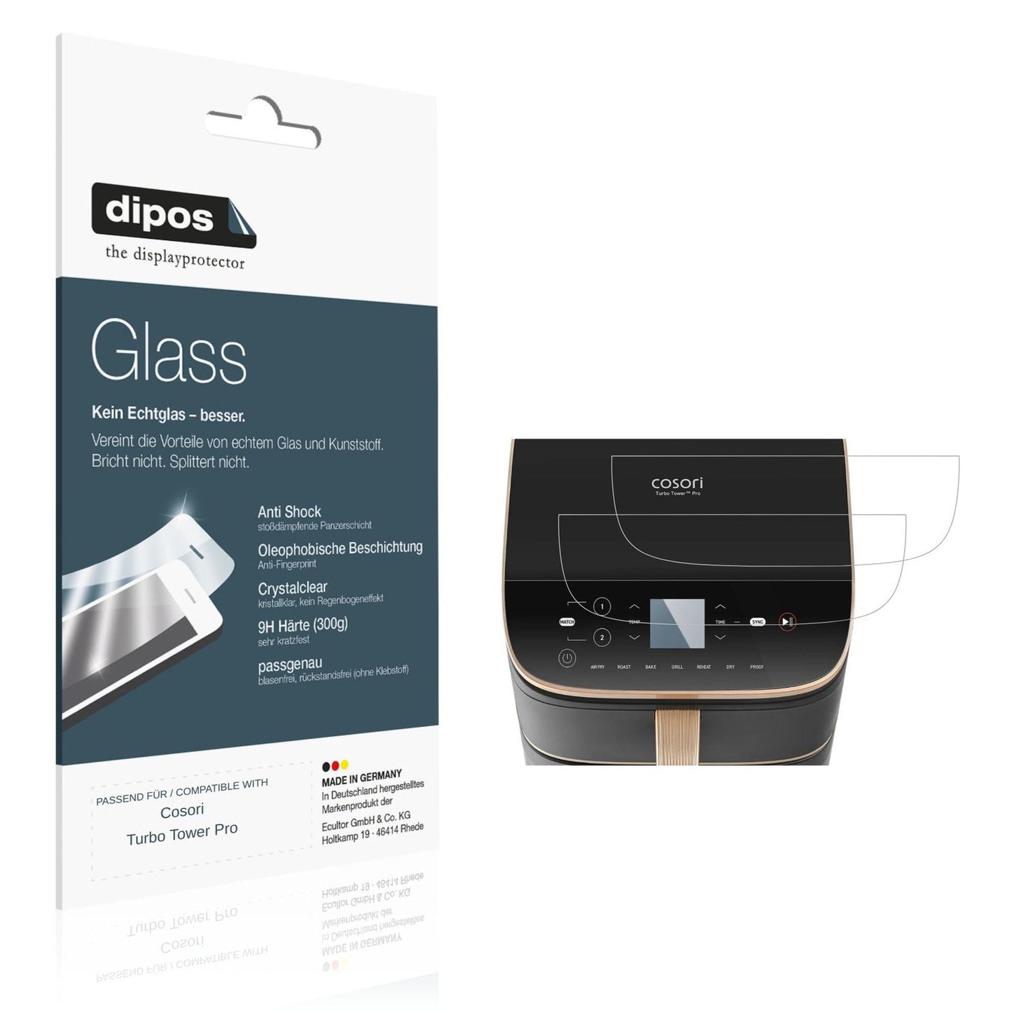 Klare Displayschutzfolie von dipos passend für Cosori Turbo Tower Pro, 9H kratzfest und blasenfrei montiert