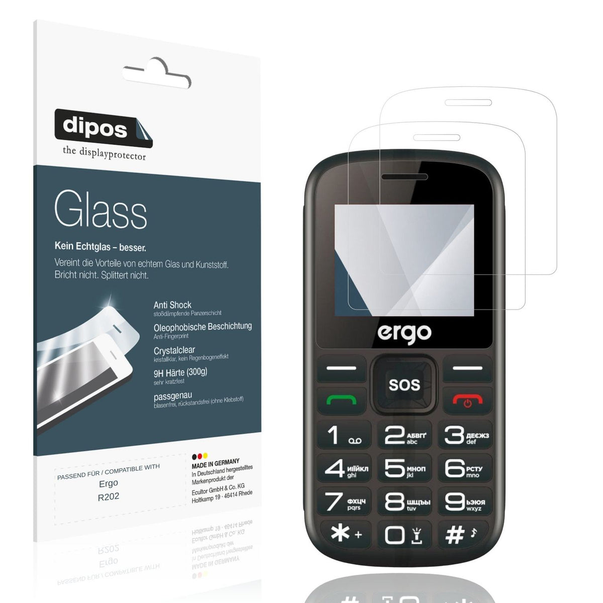 Klare Displayschutzfolie von dipos passend für Ergo R202, 9H kratzfest und blasenfrei montiert