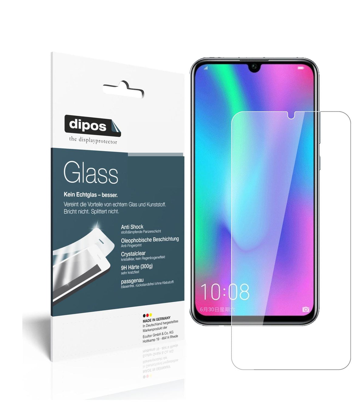 Klare Displayschutzfolie von dipos passend für Honor 10i, 9H kratzfest und blasenfrei montiert