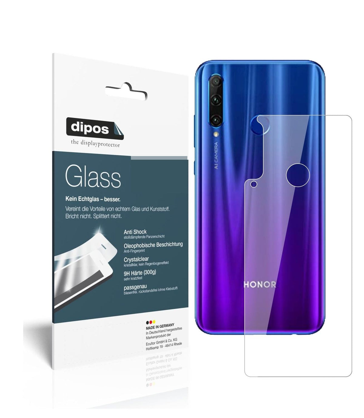 Klare Displayschutzfolie von dipos passend für Honor 20 lite Rückseite, 9H kratzfest und blasenfrei montiert
