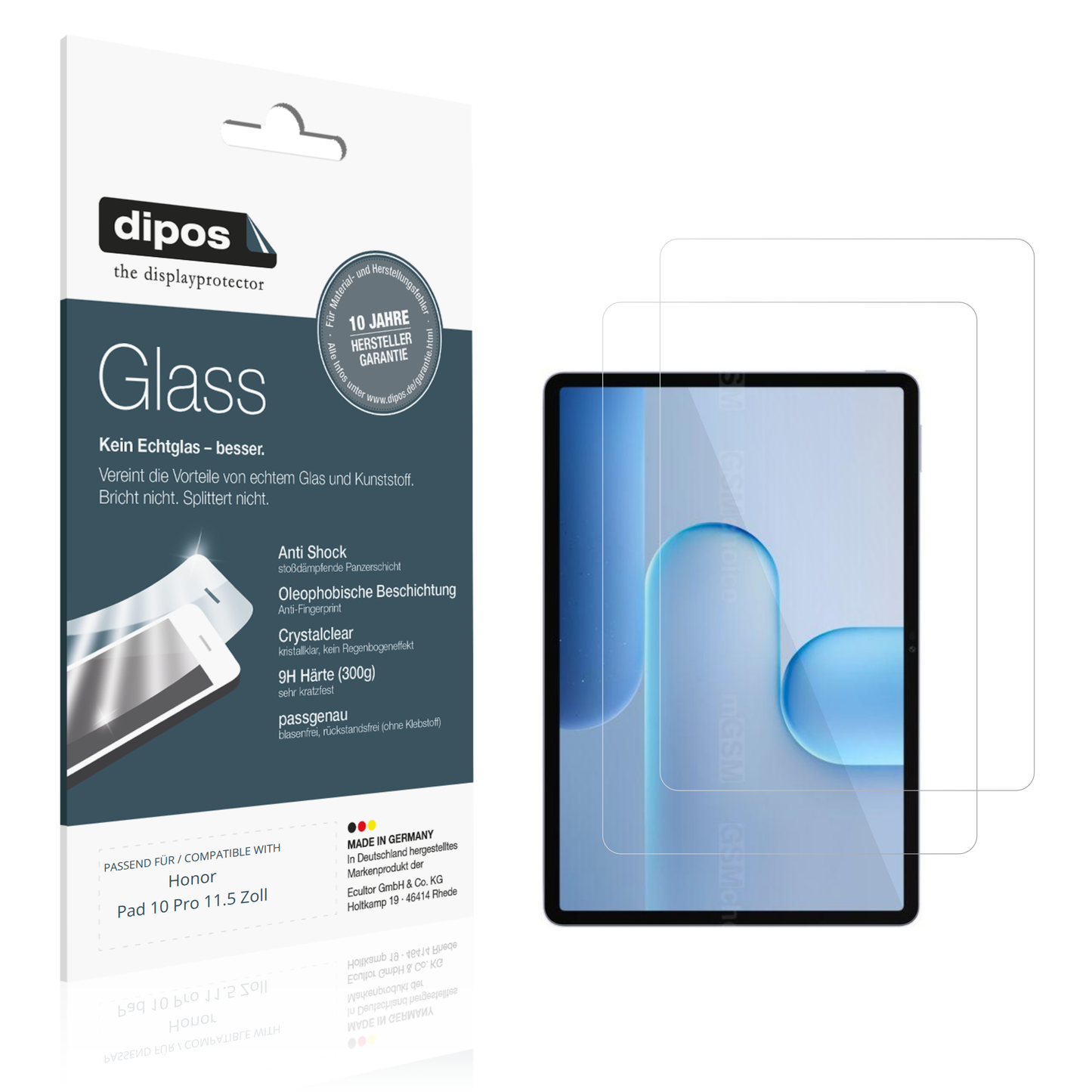 Klare Displayschutzfolie von dipos passend für Honor Pad 10 Pro 11.5 Zoll, 9H kratzfest und blasenfrei montiert