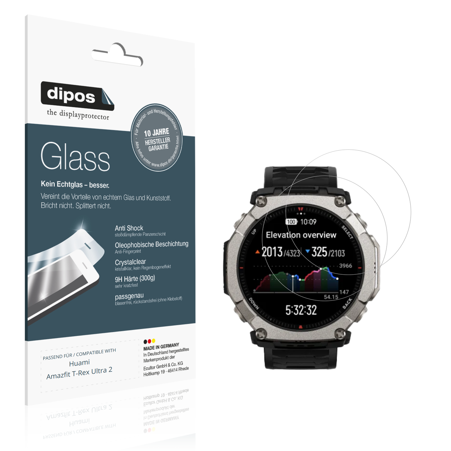 Klare Displayschutzfolie von dipos passend für Huami Amazfit T-Rex Ultra 2, 9H kratzfest und blasenfrei montiert