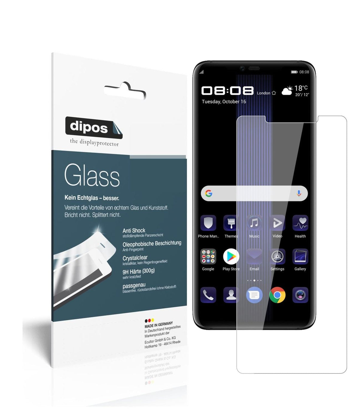 Klare Displayschutzfolie von dipos passend für Huawei Porsche Design Mate 20 RS, 9H kratzfest und blasenfrei montiert