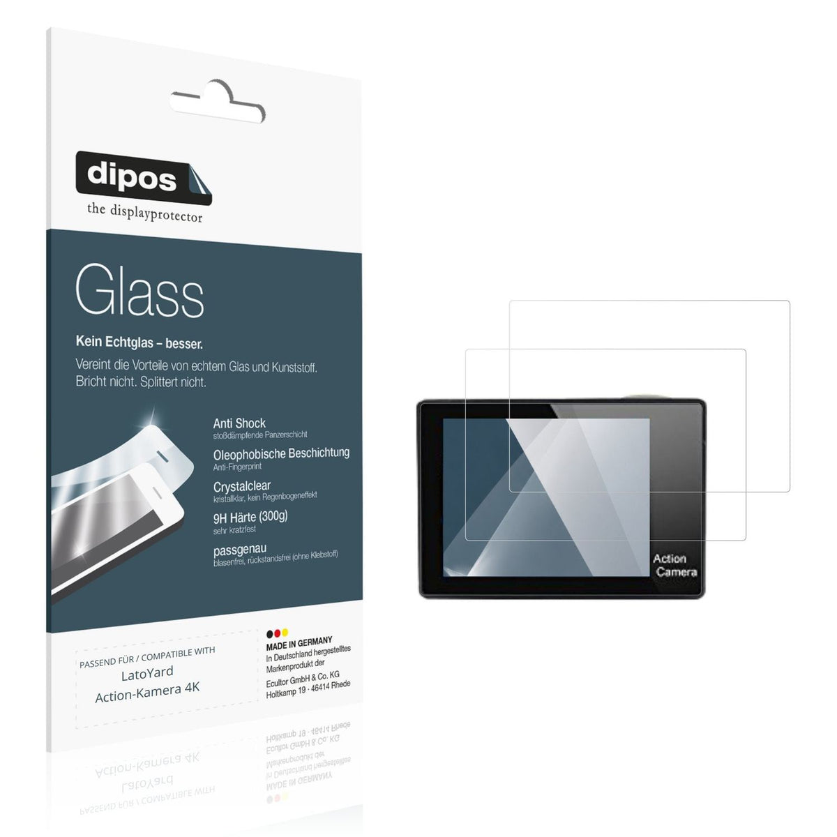 Klare Displayschutzfolie von dipos passend für LatoYard Action-Kamera 4K, 9H kratzfest und blasenfrei montiert