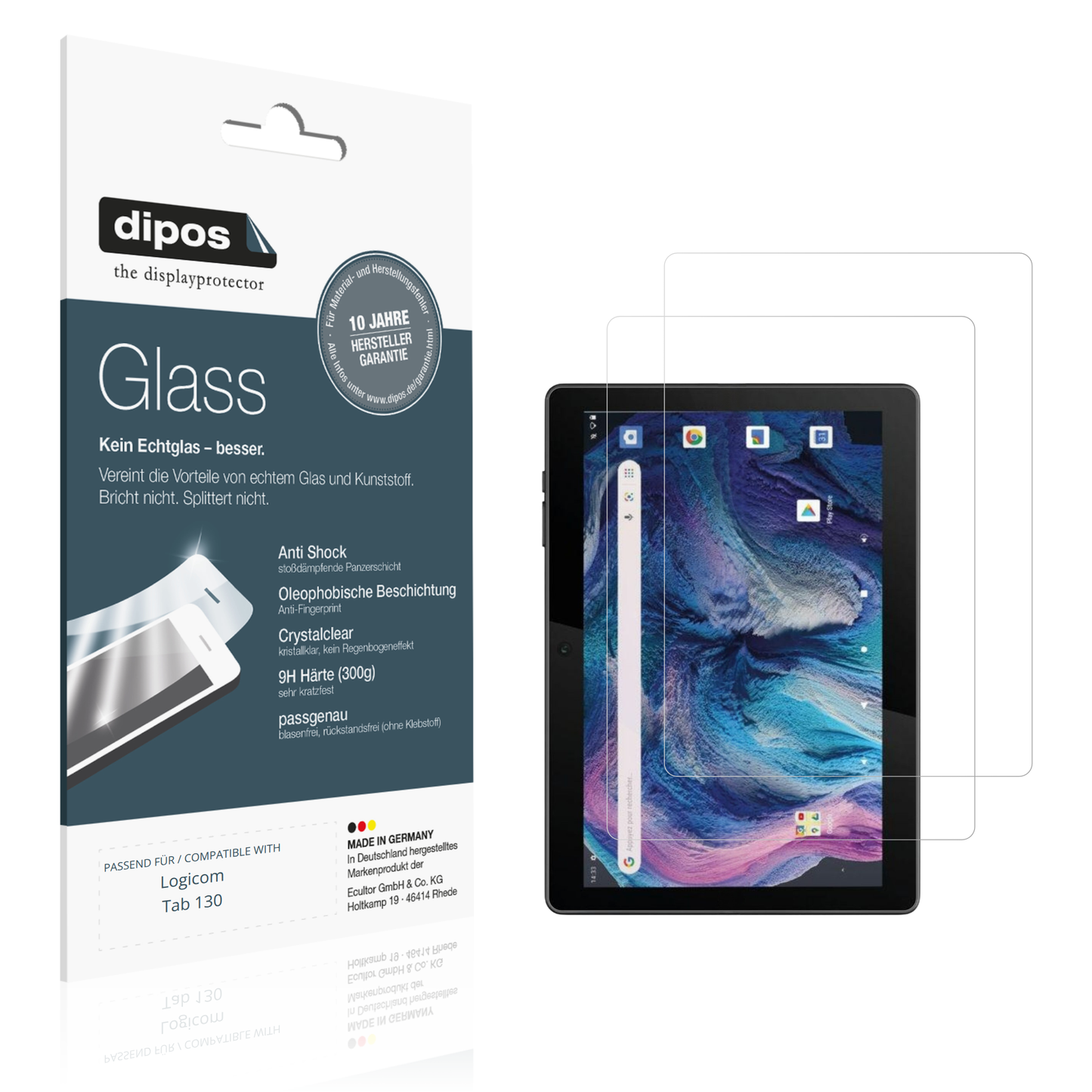 Klare Displayschutzfolie von dipos passend für Logicom Tab 130, 9H kratzfest und blasenfrei montiert