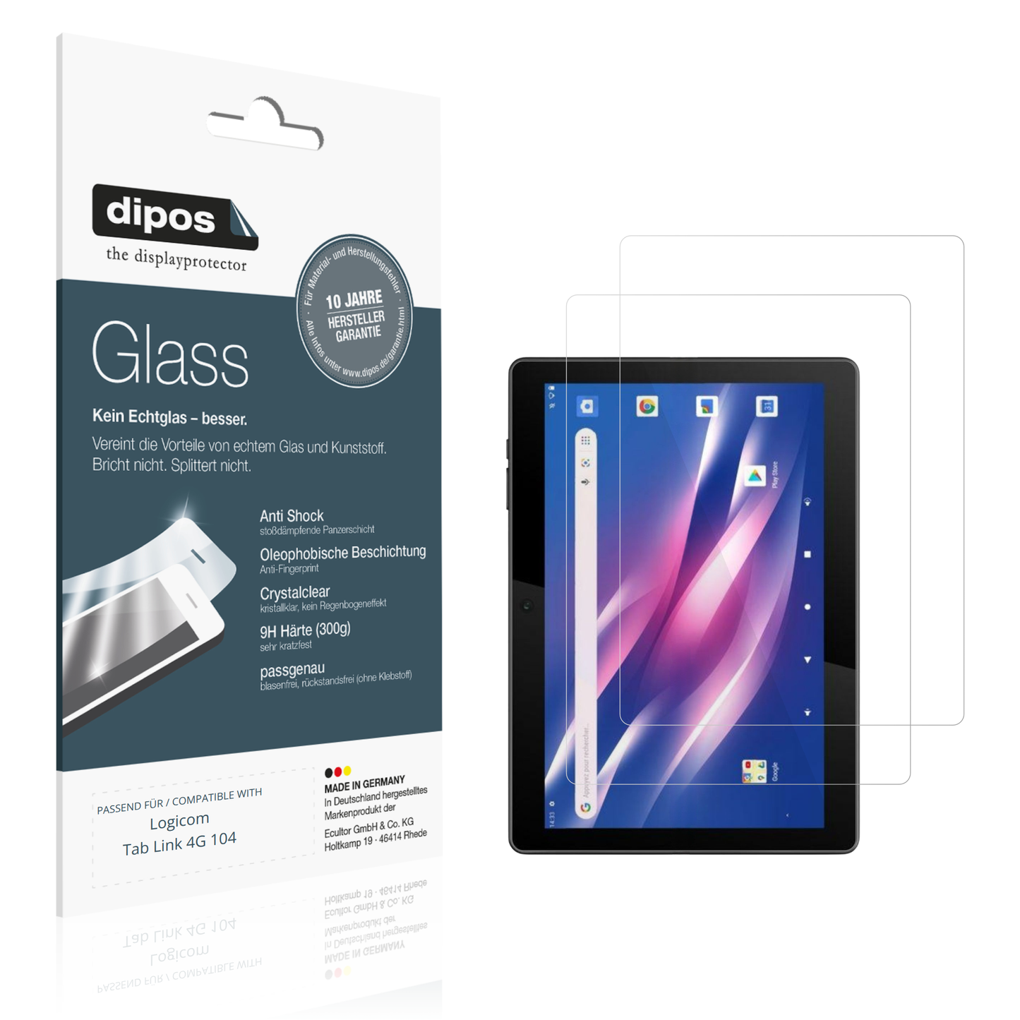 Klare Displayschutzfolie von dipos passend für Logicom Tab Link 4G 104, 9H kratzfest und blasenfrei montiert