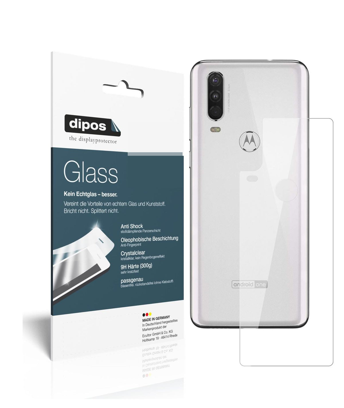 Klare Displayschutzfolie von dipos passend für Motorola One Action Rückseite, 9H kratzfest und blasenfrei montiert